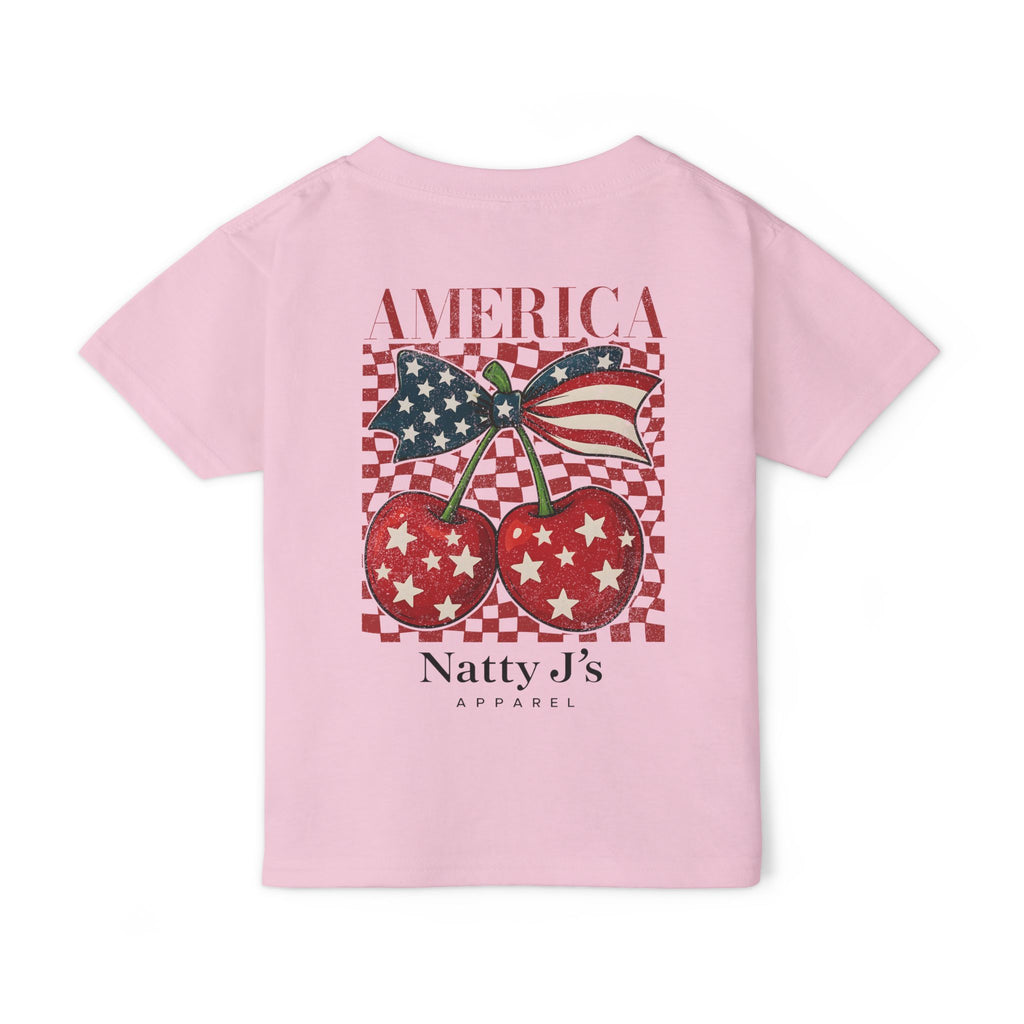 youth patriotic cherry shirt with American flag bow and red white blue design on light blue t-shirt
kids 4th of July shirt with cherries and American flag graphic
America cherry youth t-shirt patriotic summer outfit for kids
red white blue cherry graphic tee for kids independence day shirt
trendy patriotic kids shirt with vintage cherry design featuring NattyJ's Apparel