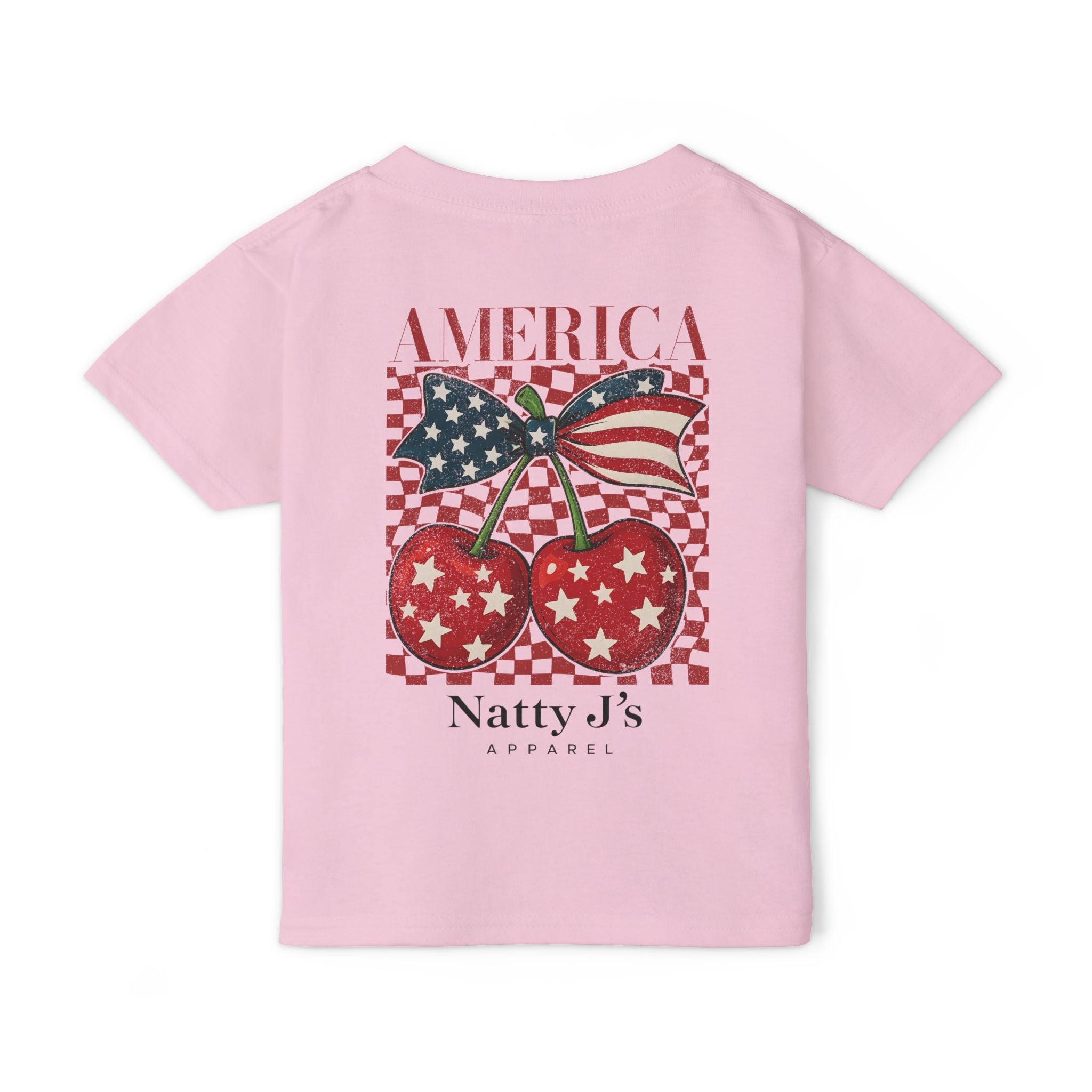 youth patriotic cherry shirt with American flag bow and red white blue design on light blue t-shirt
kids 4th of July shirt with cherries and American flag graphic
America cherry youth t-shirt patriotic summer outfit for kids
red white blue cherry graphic tee for kids independence day shirt
trendy patriotic kids shirt with vintage cherry design featuring NattyJ's Apparel