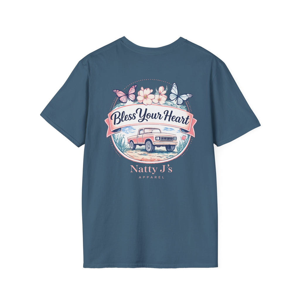 womens bless your heart t shirt with vintage truck flowers and butterflies on blue (Indigo Blue) 
southern graphic tee for women with floral truck and bless your heart quote
cute country womens shirt with vintage truck and butterfly design
boutique style womens t shirt with southern phrase and floral artwork
blue womens graphic tee with vintage truck and pastel flowers Featuring NattyJ's Apparel