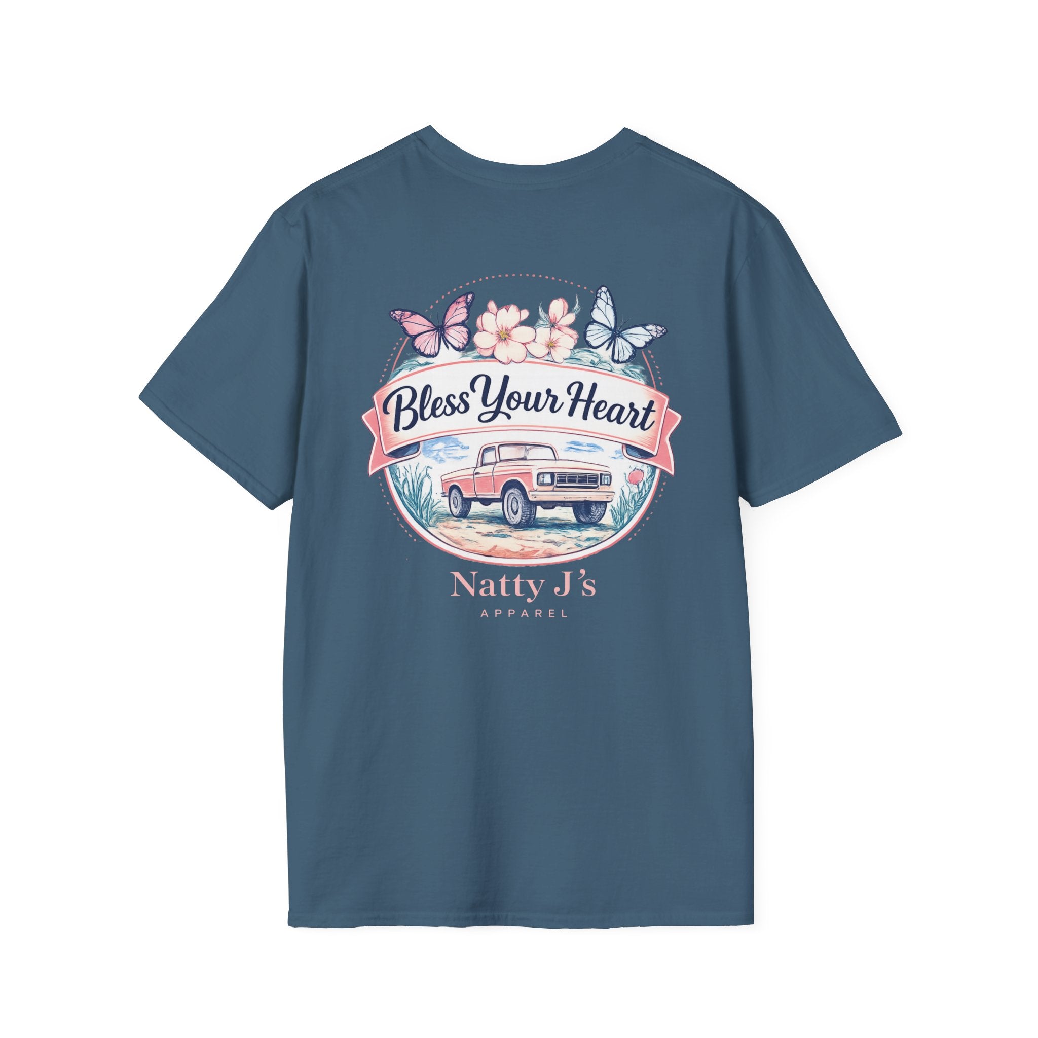 womens bless your heart t shirt with vintage truck flowers and butterflies on blue (Indigo Blue) 
southern graphic tee for women with floral truck and bless your heart quote
cute country womens shirt with vintage truck and butterfly design
boutique style womens t shirt with southern phrase and floral artwork
blue womens graphic tee with vintage truck and pastel flowers Featuring NattyJ's Apparel