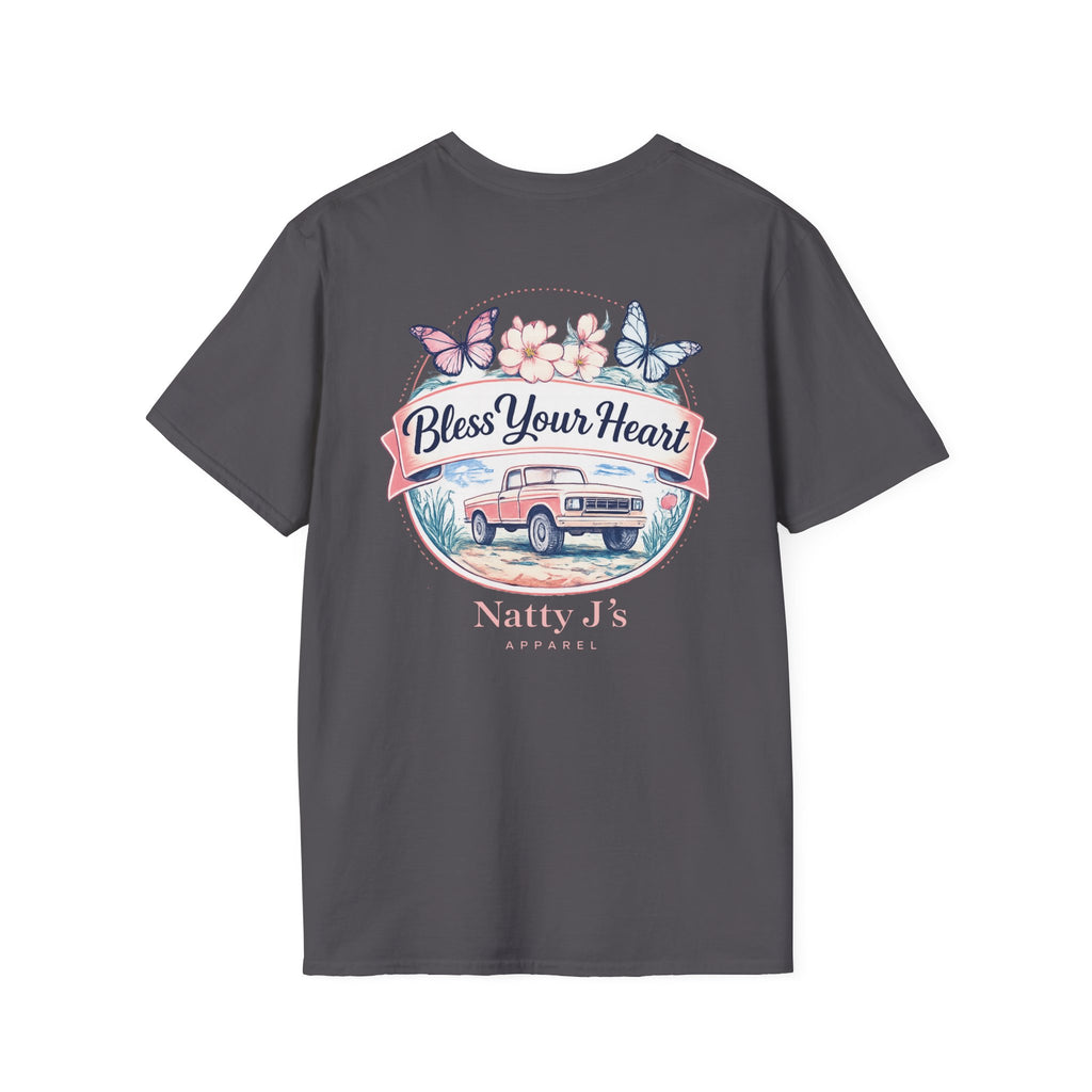 womens bless your heart t shirt with vintage truck flowers and butterflies on Grey (Charcoal) shirt
southern graphic tee for women with floral truck and bless your heart quote
cute country womens shirt with vintage truck and butterfly design
boutique style womens t shirt with southern phrase and floral artwork
Grey (Charcoal) womens graphic tee with vintage truck and pastel flowers featuring NattyJ's Apparel