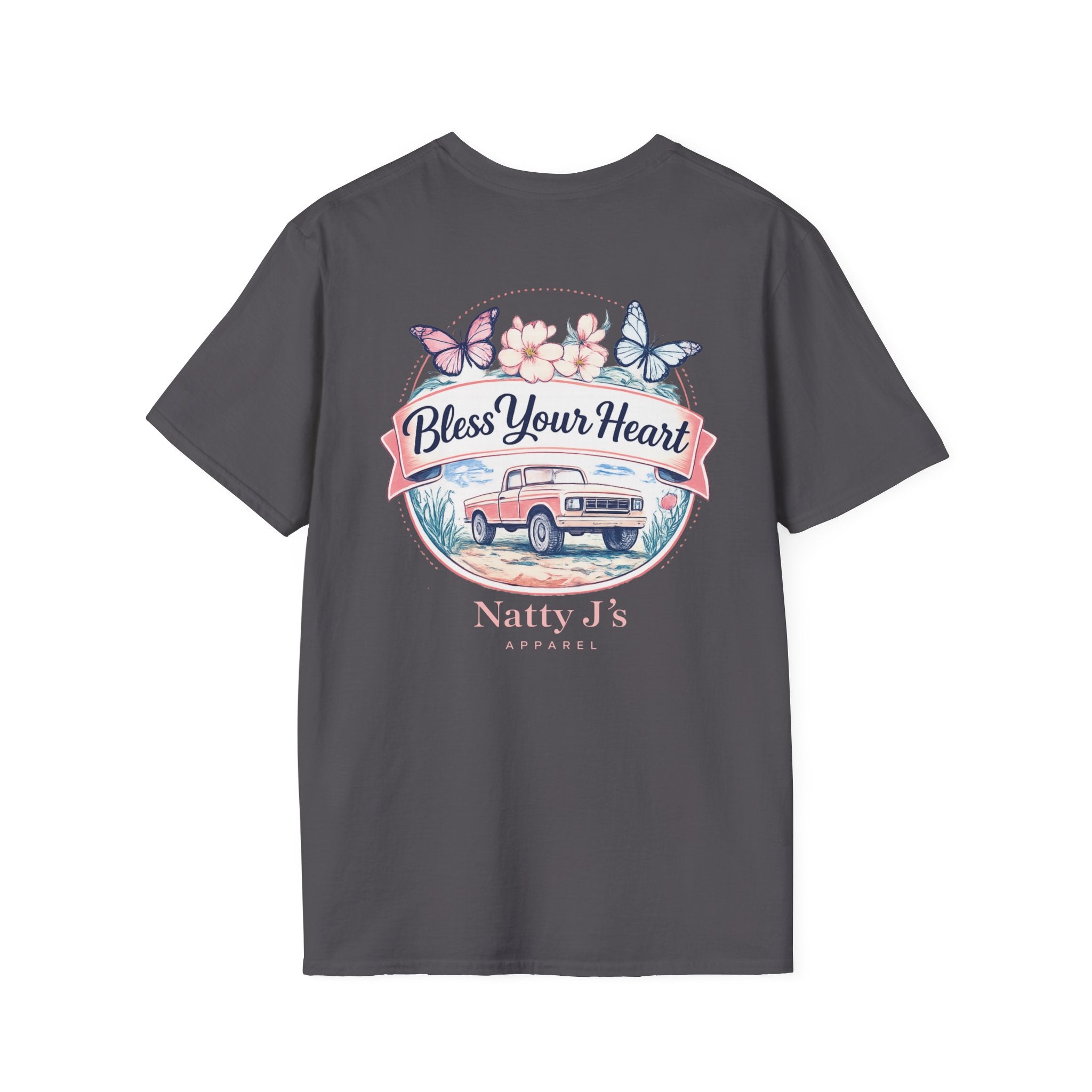 womens bless your heart t shirt with vintage truck flowers and butterflies on Grey (Charcoal) shirt
southern graphic tee for women with floral truck and bless your heart quote
cute country womens shirt with vintage truck and butterfly design
boutique style womens t shirt with southern phrase and floral artwork
Grey (Charcoal) womens graphic tee with vintage truck and pastel flowers featuring NattyJ's Apparel