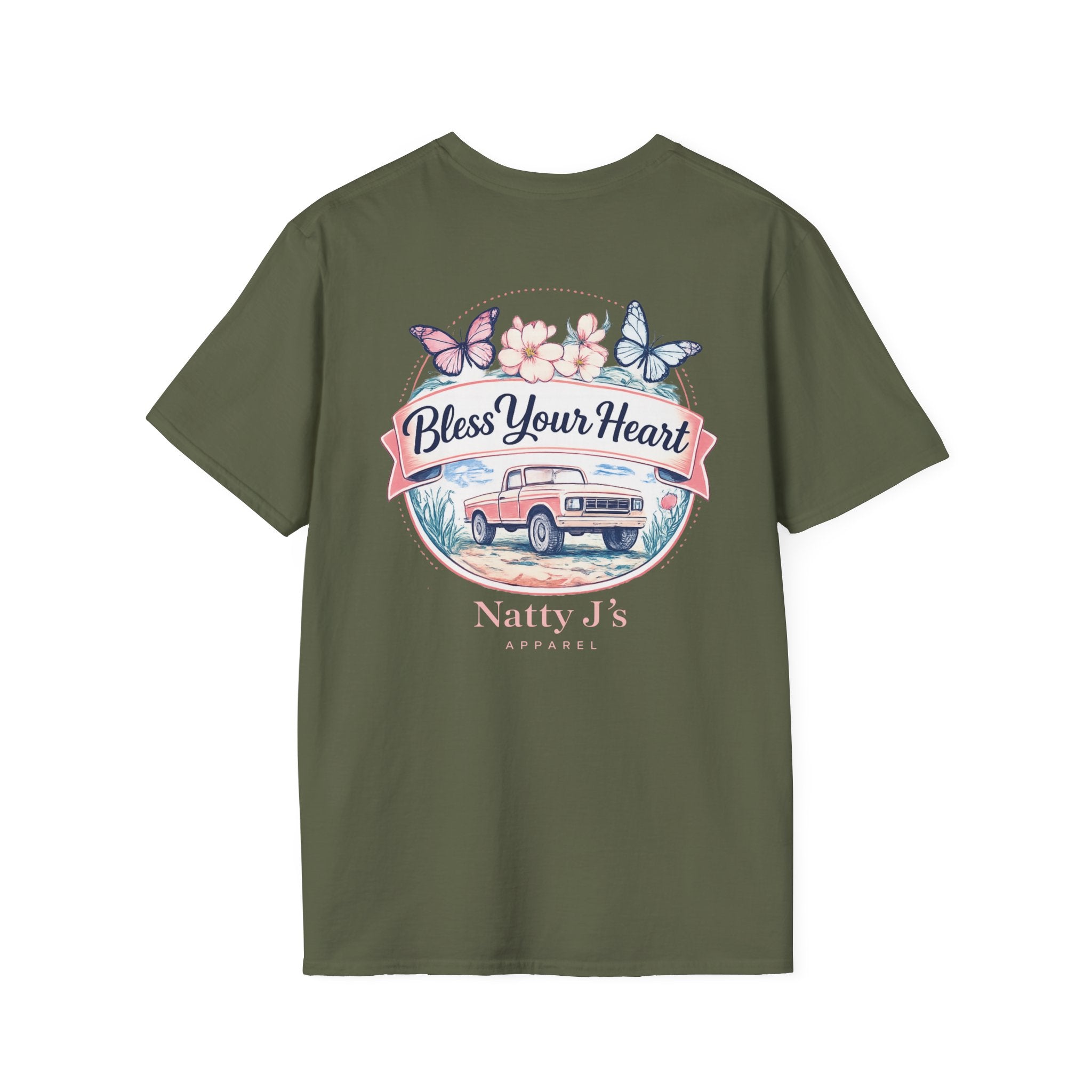 womens bless your heart t shirt with vintage truck flowers and butterflies on Military Green shirt
southern graphic tee for women with floral truck and bless your heart quote
cute country womens shirt with vintage truck and butterfly design
boutique style womens t shirt with southern phrase and floral artwork
Military Green womens graphic tee with vintage truck and pastel flowers Featuring NattyJ's Apparel