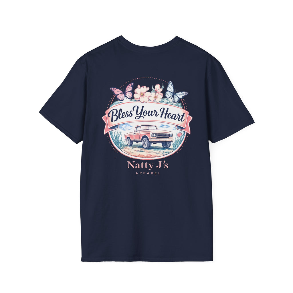 womens bless your heart t shirt with vintage truck flowers and butterflies on Navy blue shirt
southern graphic tee for women with floral truck and bless your heart quote
cute country womens shirt with vintage truck and butterfly design
boutique style womens t shirt with southern phrase and floral artwork
Navy blue womens graphic tee with vintage truck and pastel flowers Featuring NattyJ's Apparel
