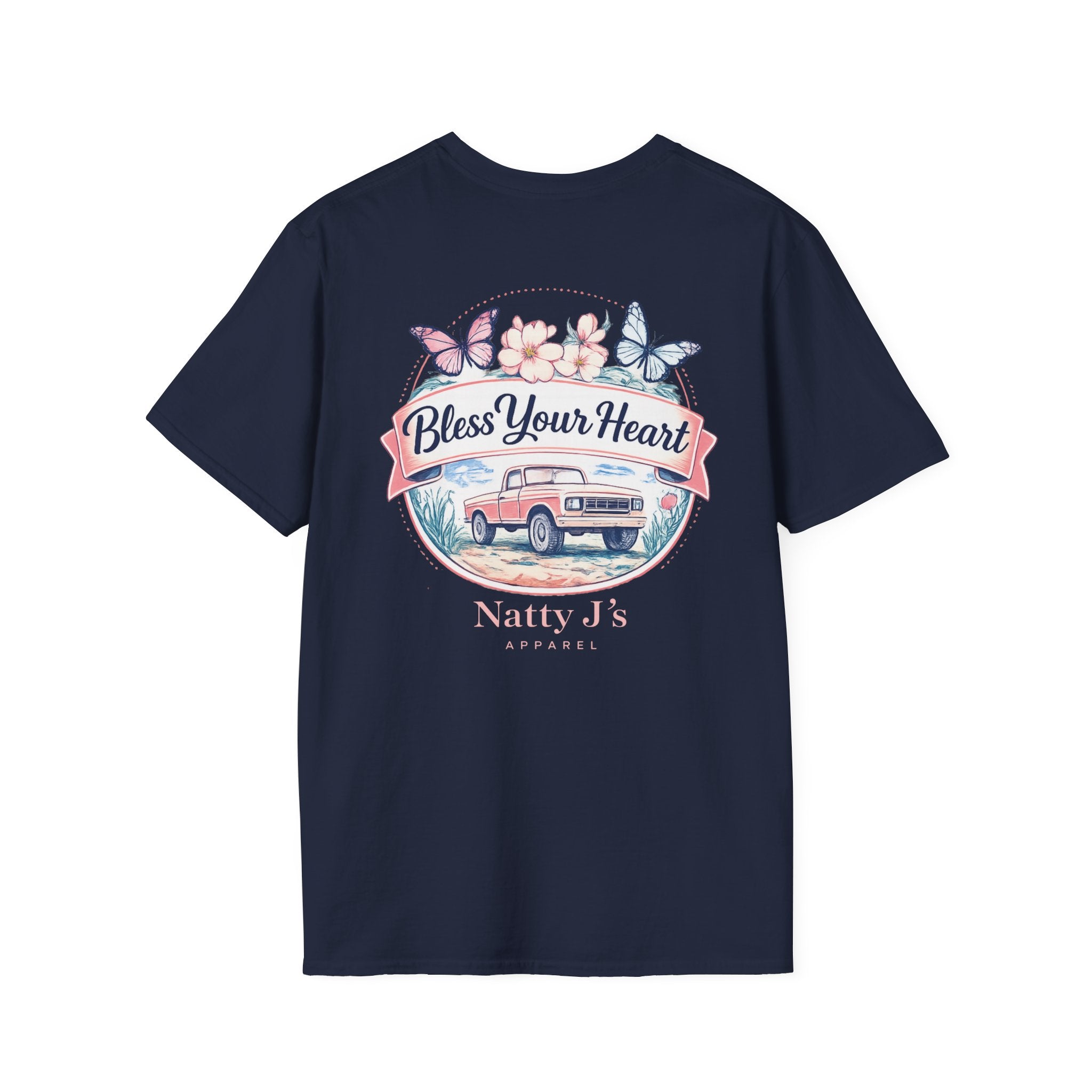 womens bless your heart t shirt with vintage truck flowers and butterflies on Navy blue shirt
southern graphic tee for women with floral truck and bless your heart quote
cute country womens shirt with vintage truck and butterfly design
boutique style womens t shirt with southern phrase and floral artwork
Navy blue womens graphic tee with vintage truck and pastel flowers Featuring NattyJ's Apparel