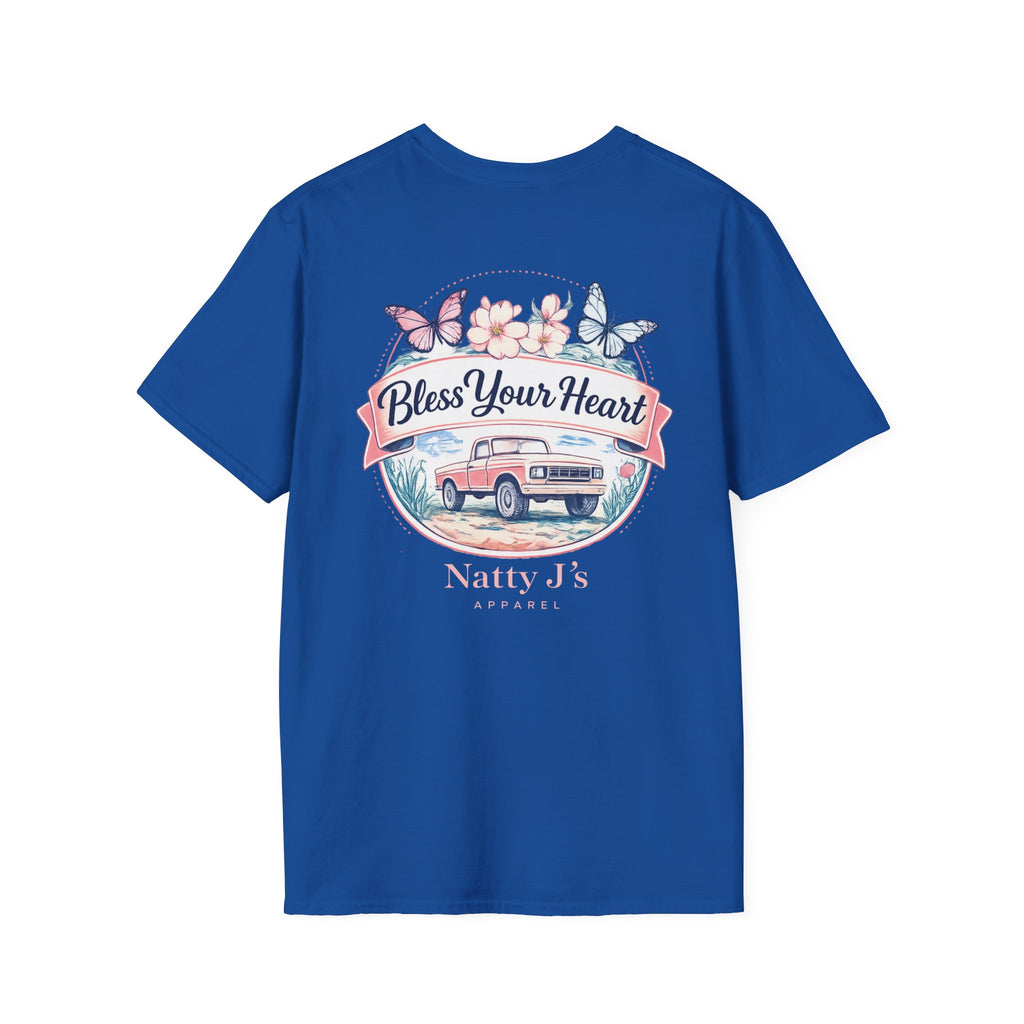 womens bless your heart t shirt with vintage truck flowers and butterflies on Royal blue shirt
southern graphic tee for women with floral truck and bless your heart quote
cute country womens shirt with vintage truck and butterfly design
boutique style womens t shirt with southern phrase and floral artwork
Royal blue womens graphic tee with vintage truck and pastel flowers Featuring NattyJ's Apparel