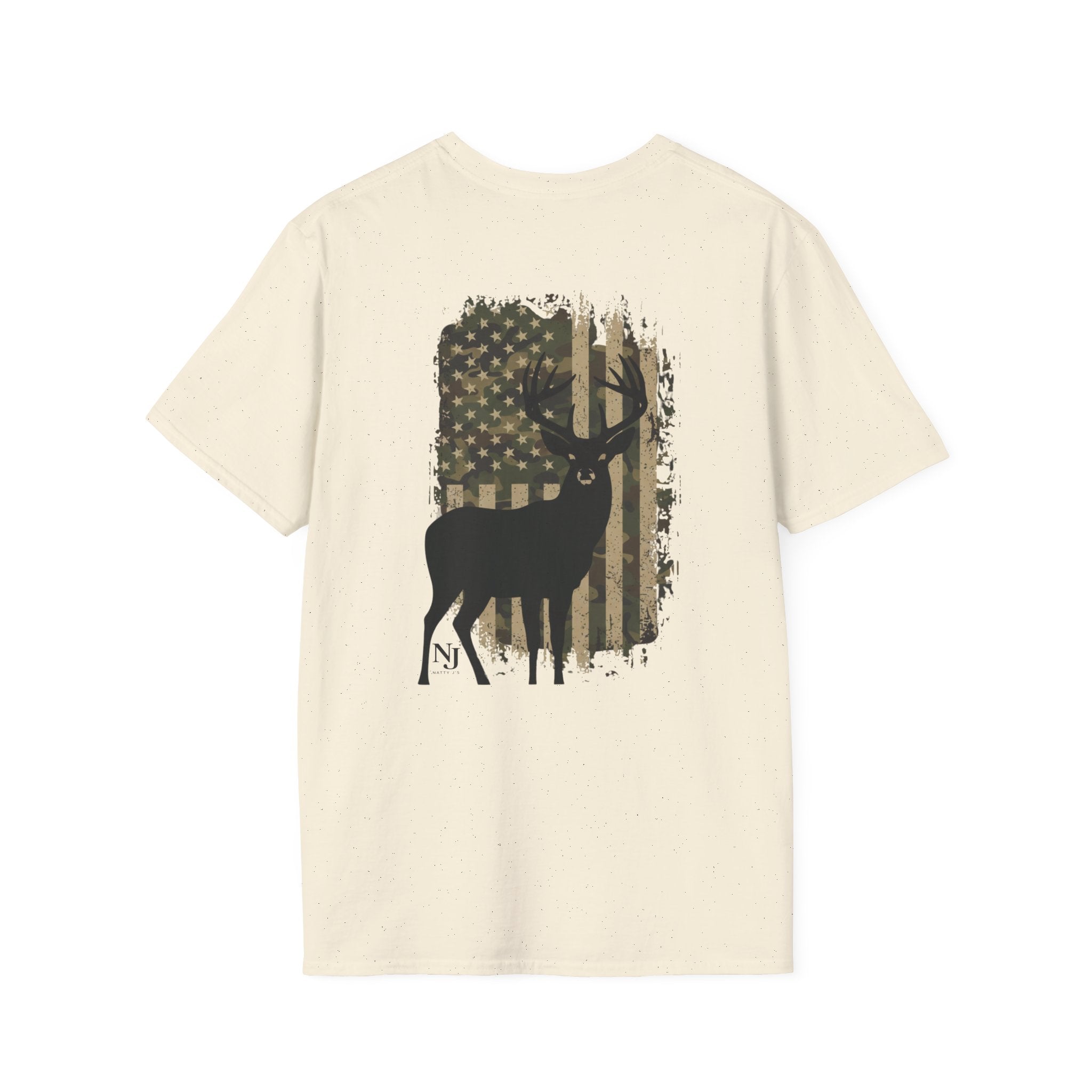 Beige t-shirt with a black deer silhouette and American flag design featuring 'NattyJ's Apparel' Branding