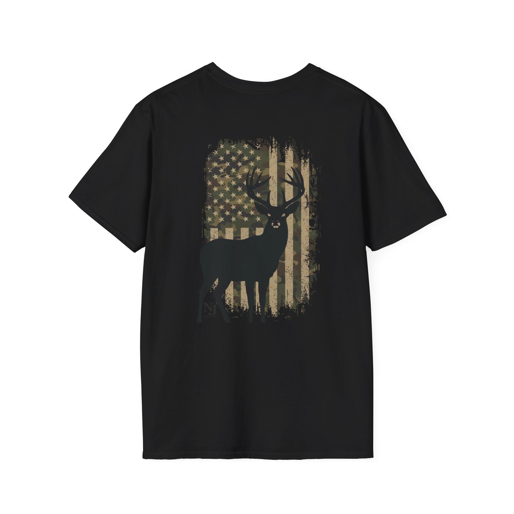 Black t-shirt with a deer Flag silhouette design Featuring "NattyJ's Apparel' Branding