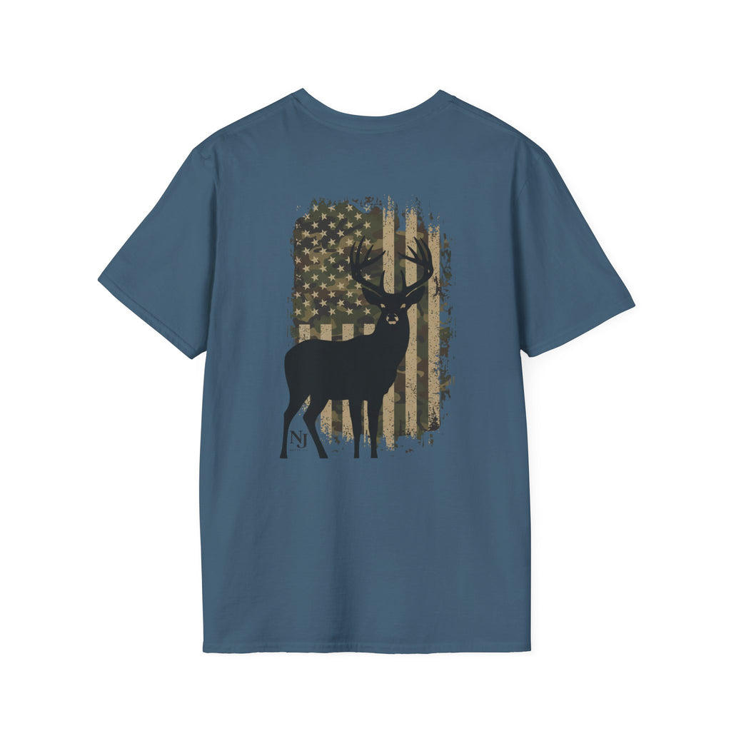 Blue (Indigo Blue) t-shirt with a deer and American flag design on the back Featuring 'NattyJ's Apparel' Branding