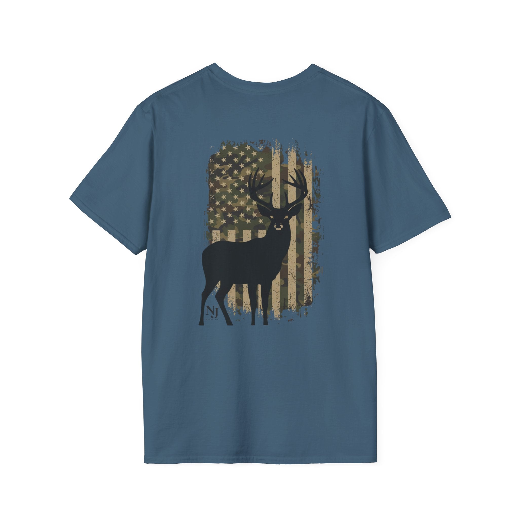 Blue (Indigo Blue) t-shirt with a deer and American flag design on the back Featuring 'NattyJ's Apparel' Branding