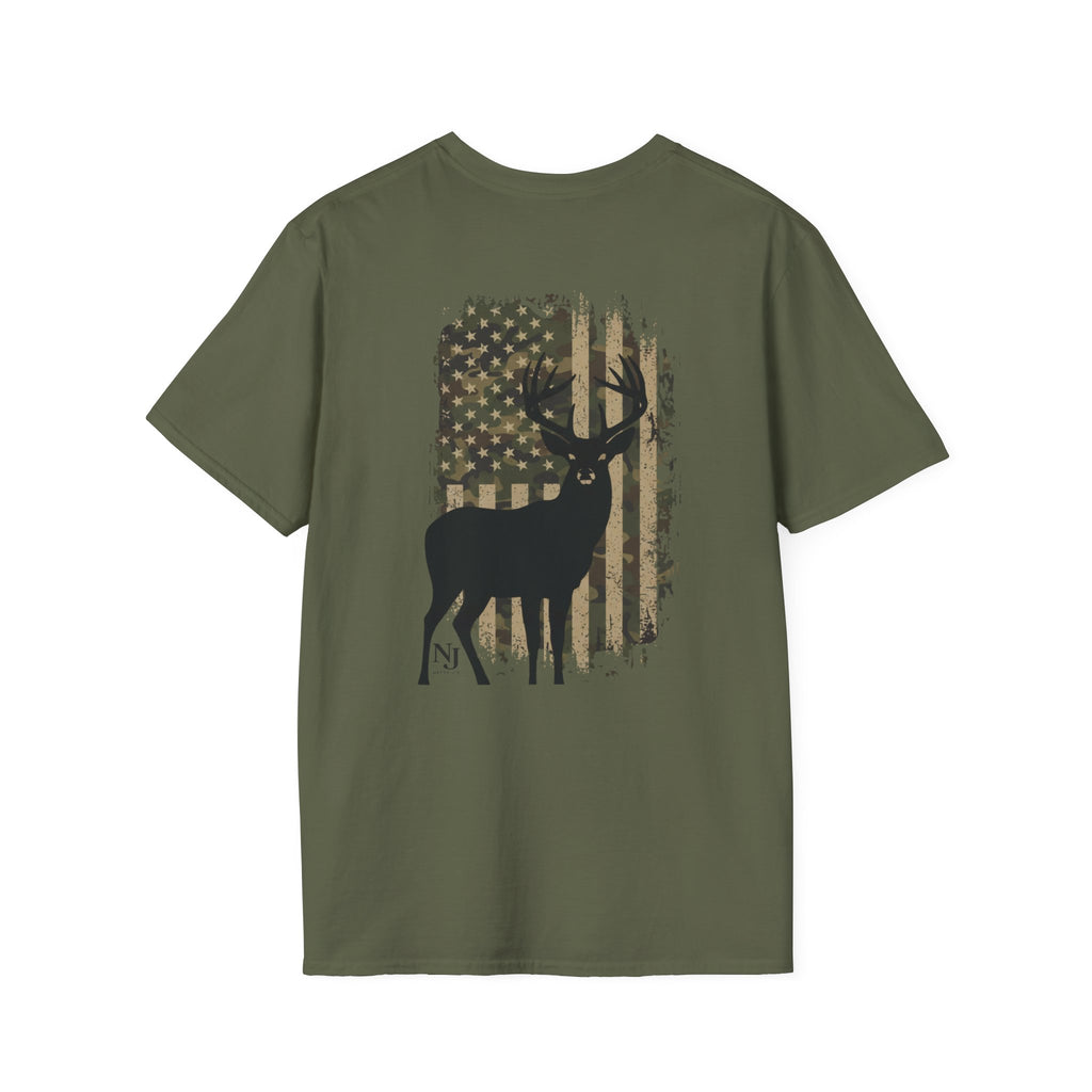 Green (Military Green) t-shirt with a deer and American flag design featuring 'Natty J's Apparel' branding