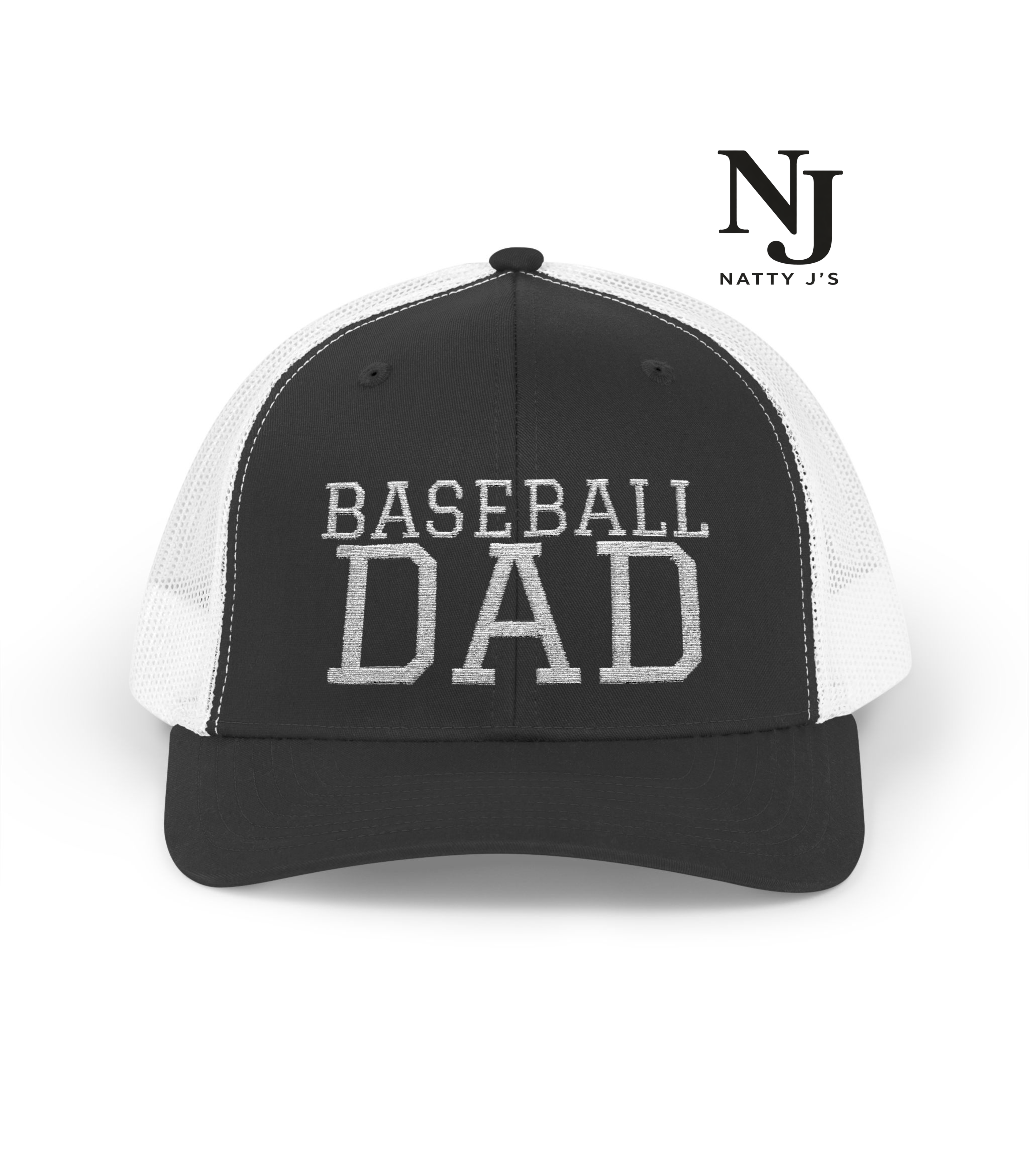 Black and white cap with 'BASEBALL DAD' text on a white background