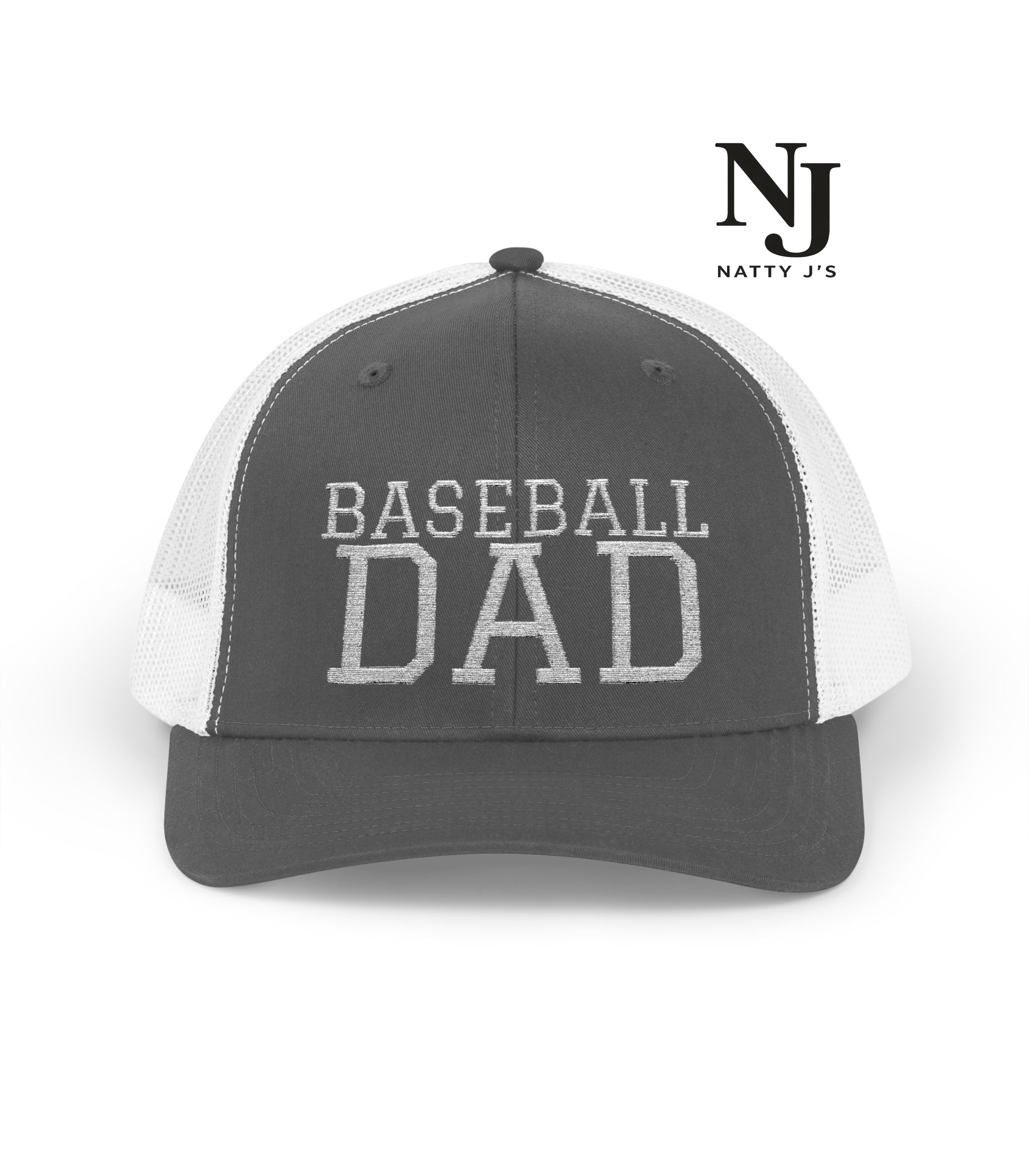 Gray and white cap with 'BASEBALL DAD' text on a white background, featuring Natty J's logo.
