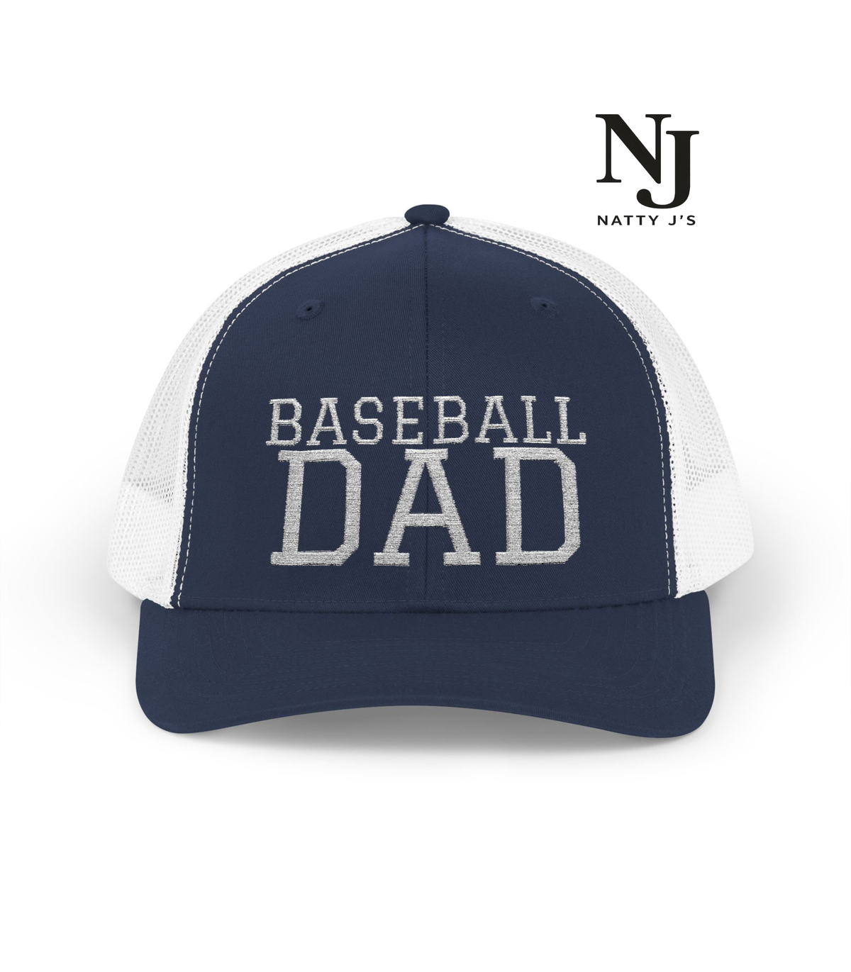 Navy and white cap with 'BASEBALL DAD' text on a white background