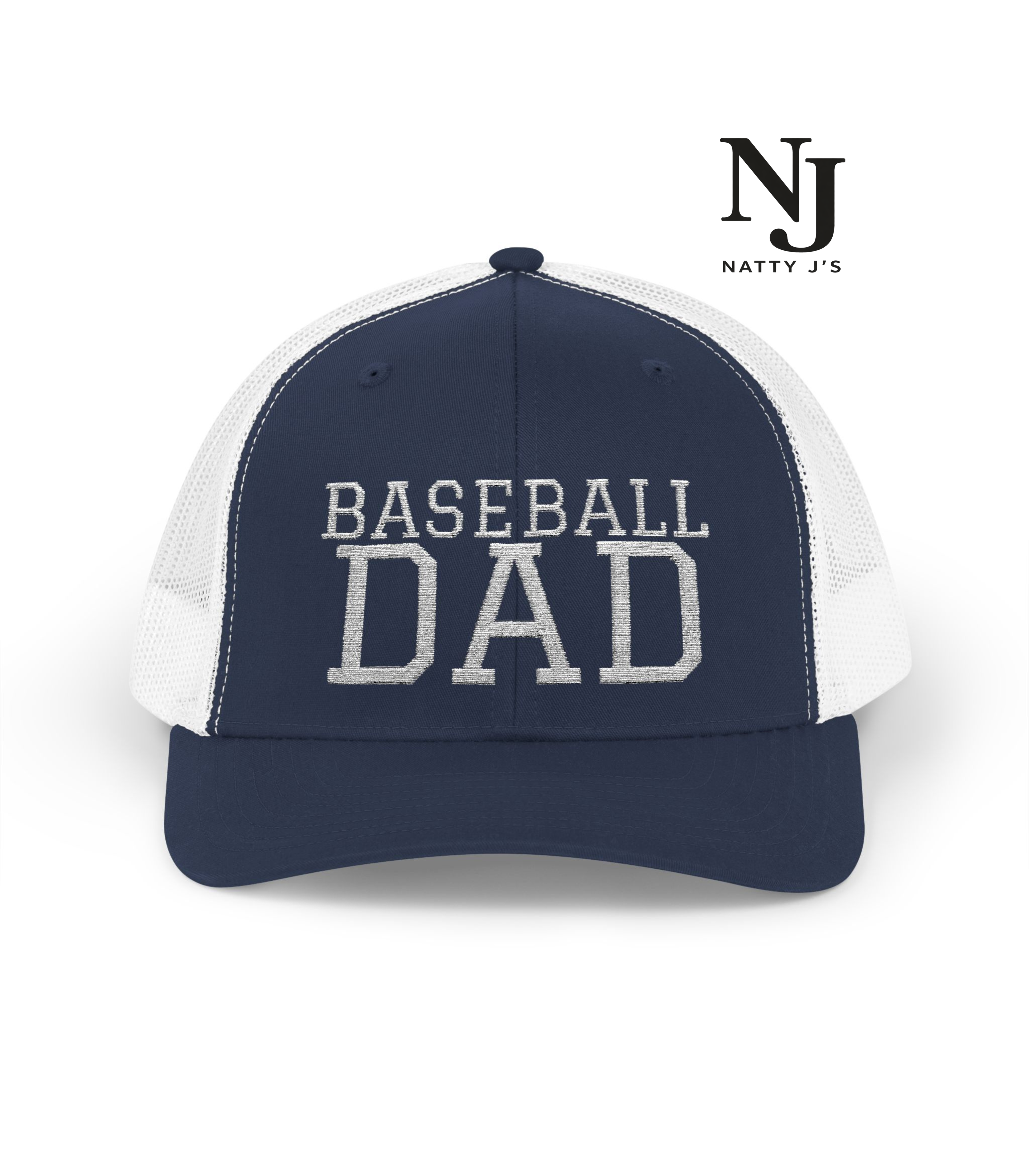 Navy and white cap with 'BASEBALL DAD' text on a white background
