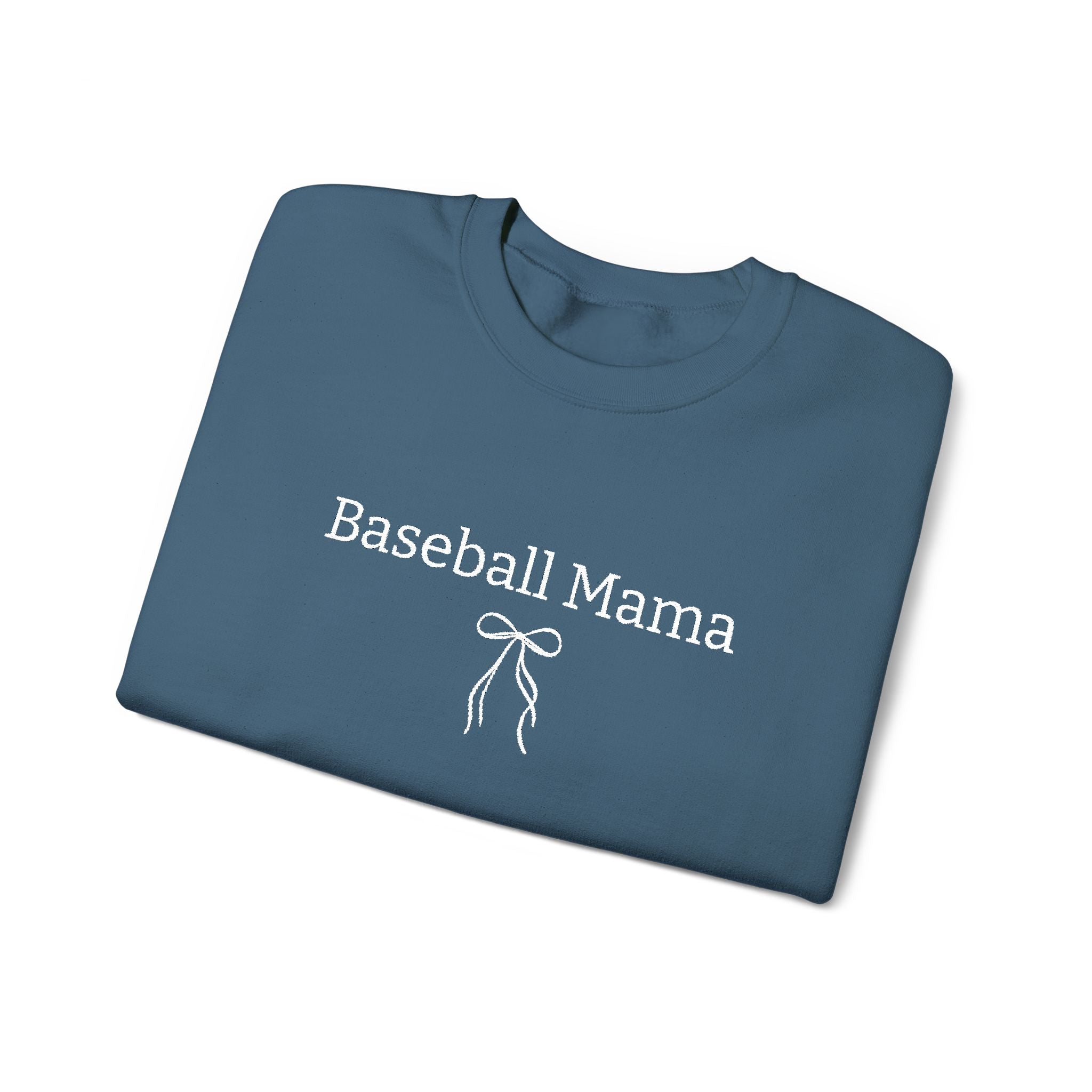 Folded blue t-shirt with 'Baseball Mama' text on a white background