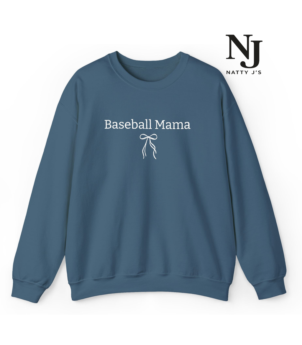 Blue sweatshirt with 'Baseball Mama' text and a bow graphic on a white background, featuring the Natty J's logo.
