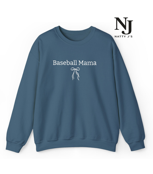 Blue sweatshirt with 'Baseball Mama' text and a bow graphic on a white background, featuring the Natty J's logo.