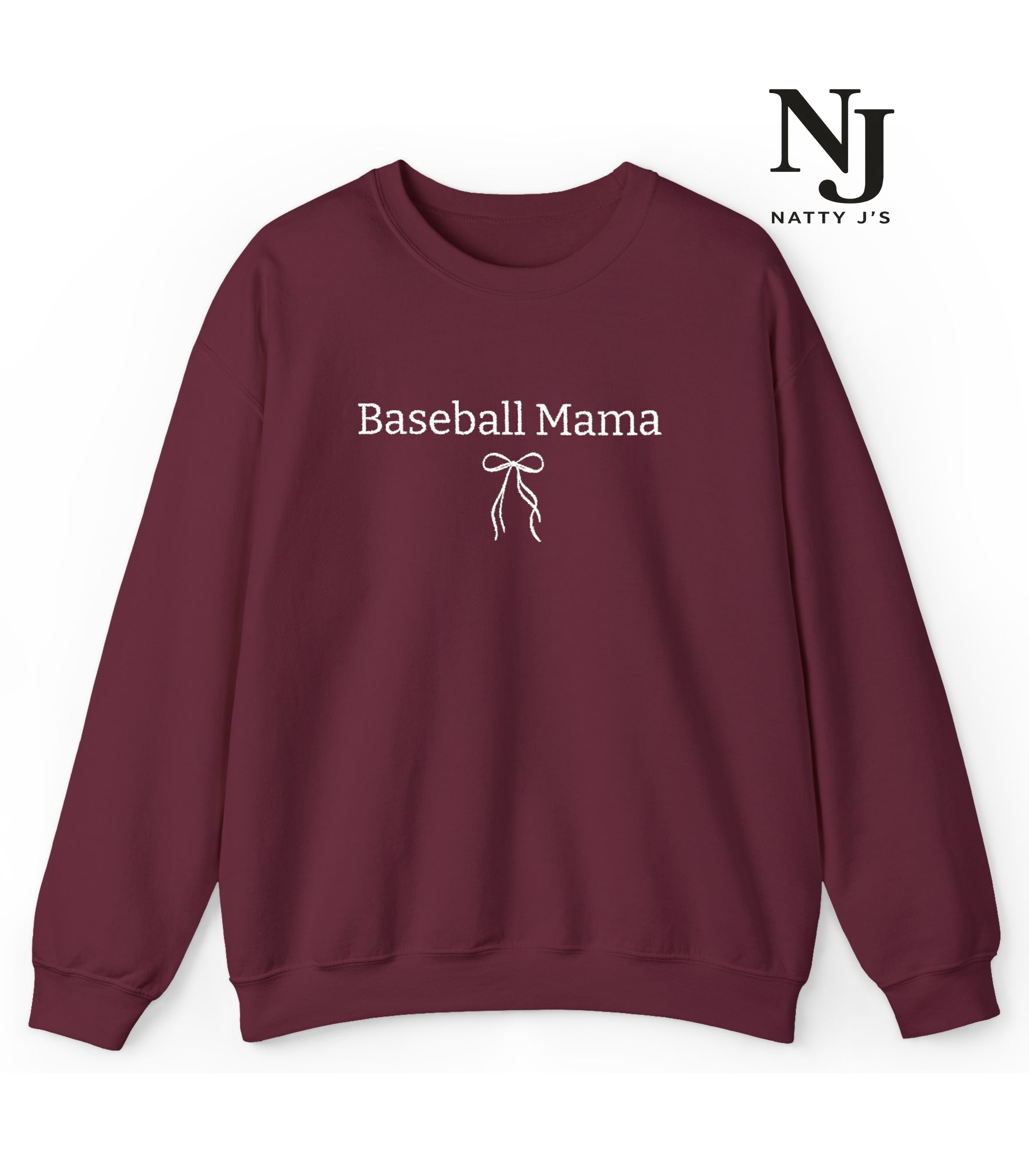 Maroon sweatshirt with 'Baseball Mama' text and bow graphic on a white background, featuring the Natty J's logo.