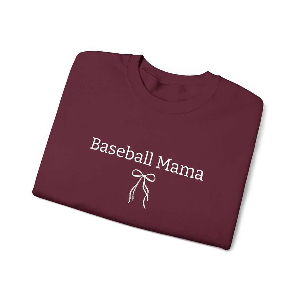 Maroon sweatshirt with 'Baseball Mama' text on a white background