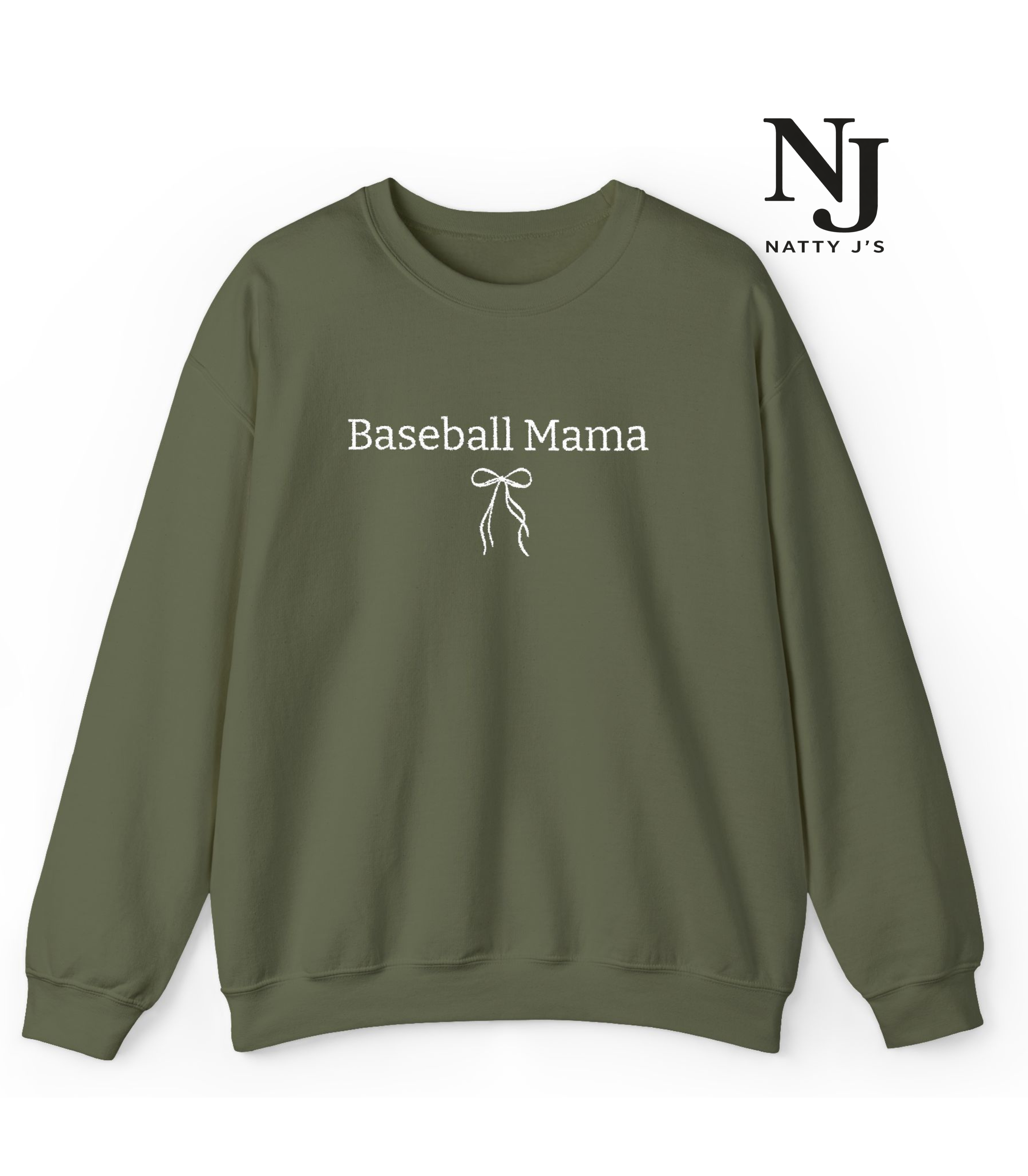 Green sweatshirt with 'Baseball Mama' text and a bow graphic on a white background, featuring the brand 'Natty J's'.