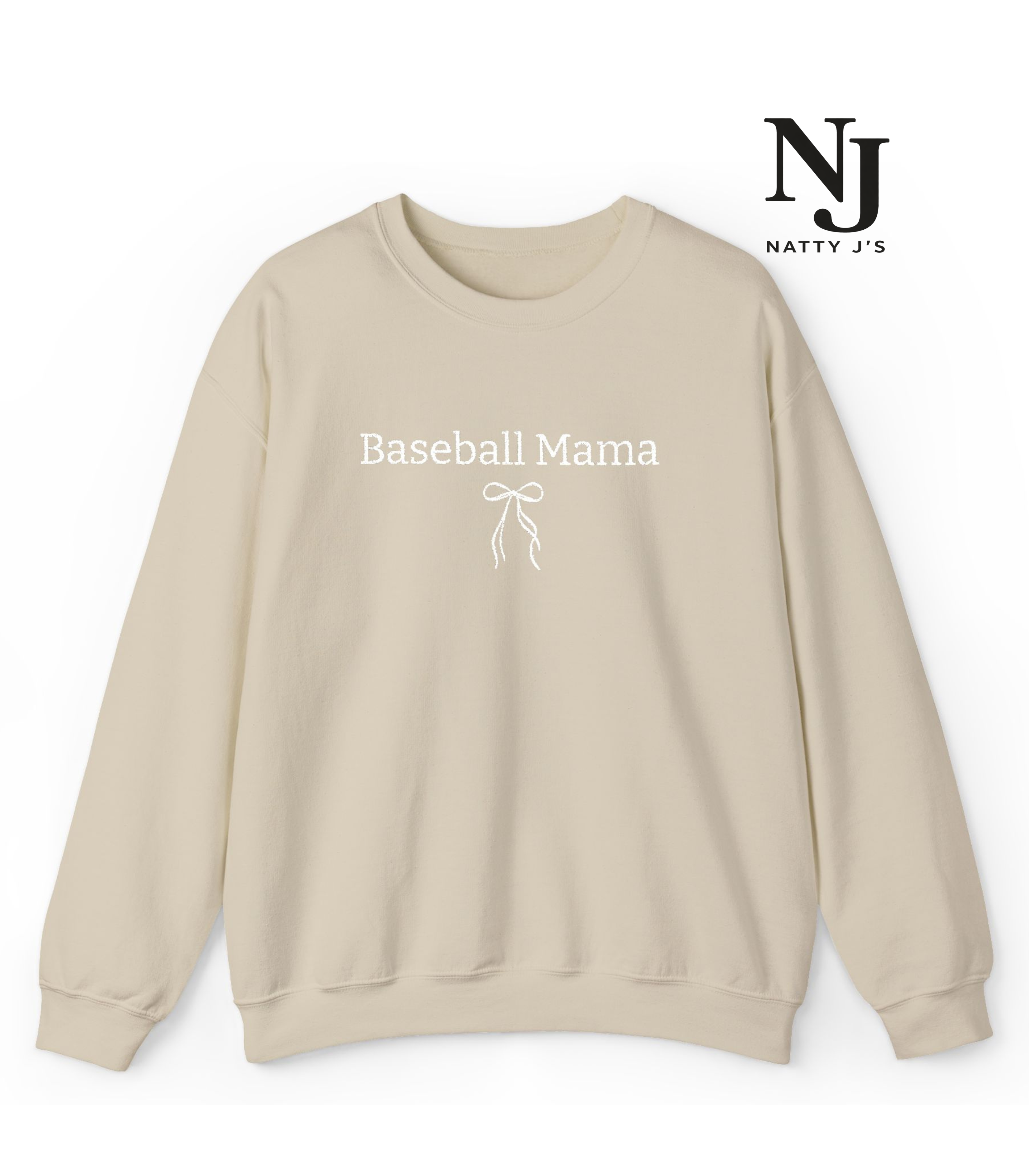 Beige sweatshirt with 'Baseball Mama' text and Natty J's logo on a white background