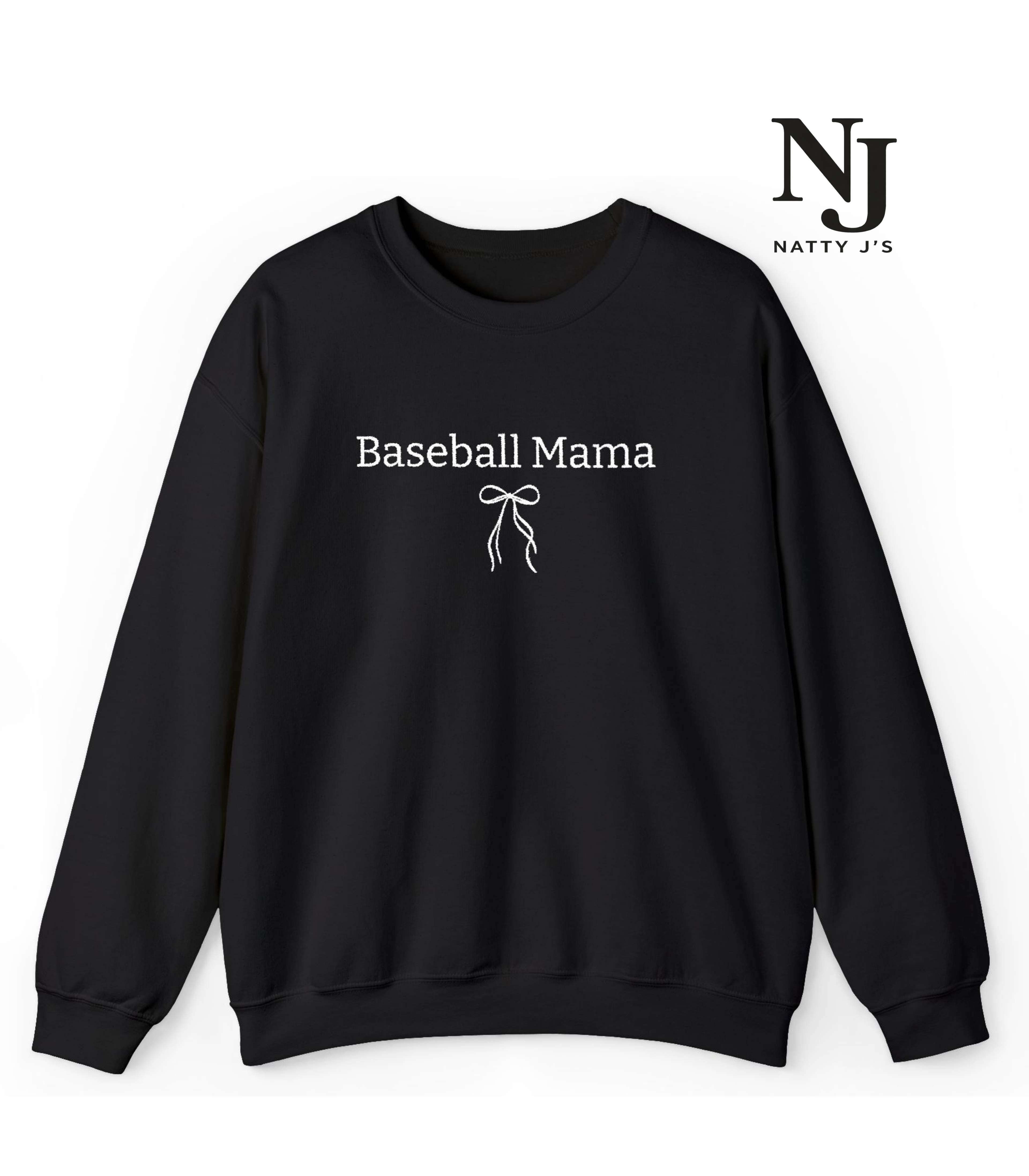 Black sweatshirt with 'Baseball Mama' text and logo on a white background