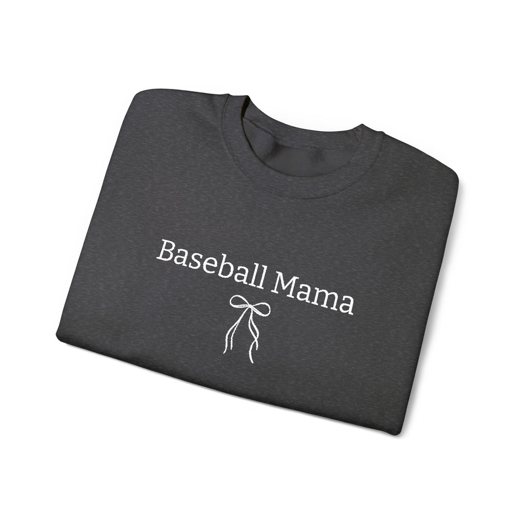 Dark gray t-shirt with 'Baseball Mama' text and a bow graphic on a white background