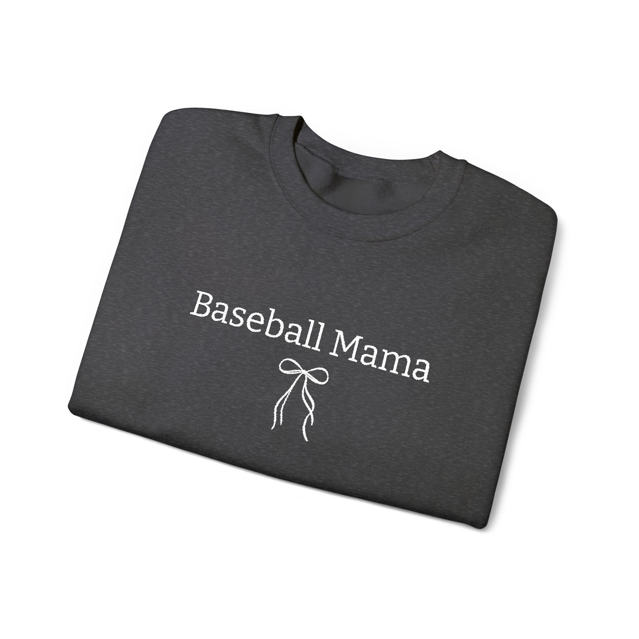 Dark gray t-shirt with 'Baseball Mama' text and a bow graphic on a white background