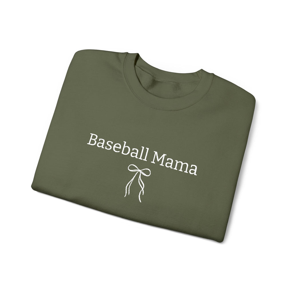 Folded green sweatshirt with 'Baseball Mama' text on a white background
