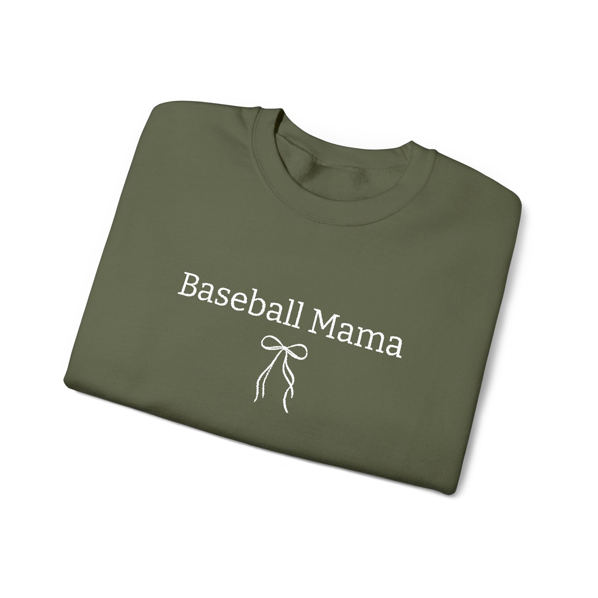 Folded green sweatshirt with 'Baseball Mama' text on a white background