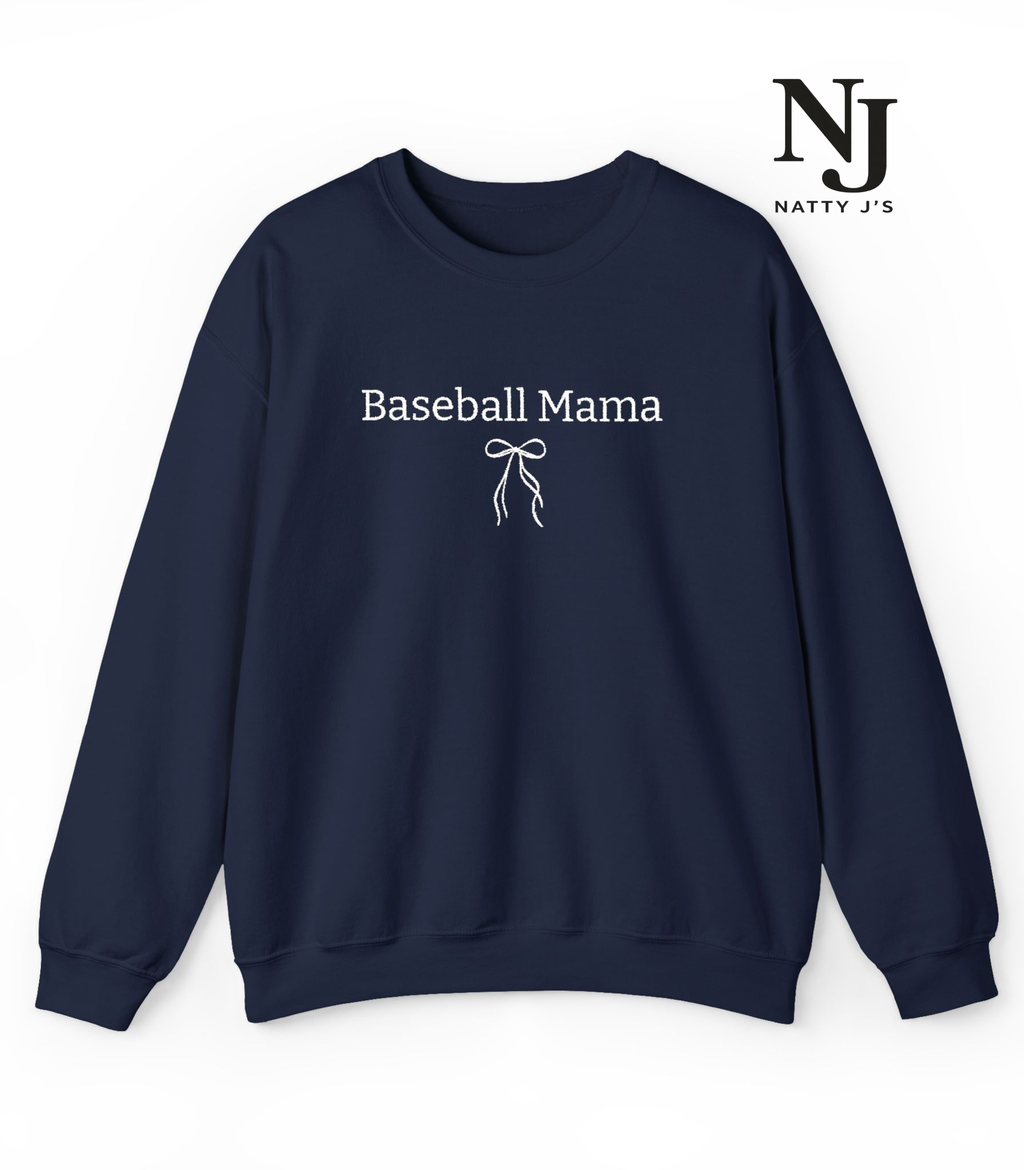 Navy blue sweatshirt with 'Baseball Mama' text and bow graphic on a white background, featuring Natty J's logo.