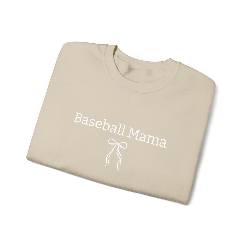 Beige t-shirt with 'Baseball Mama' text on a white background