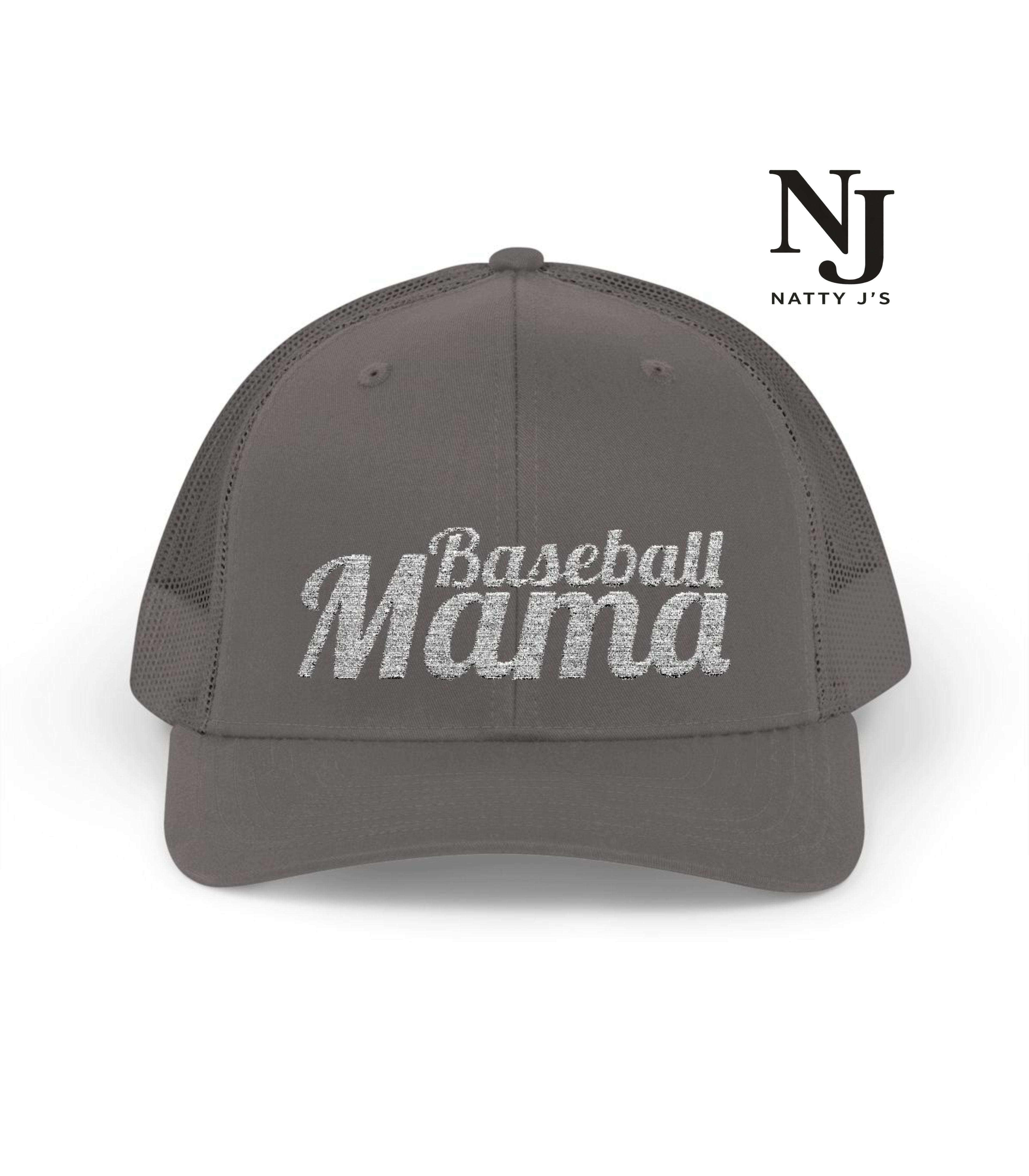 Gray cap with 'Baseball Mama' text on a white background