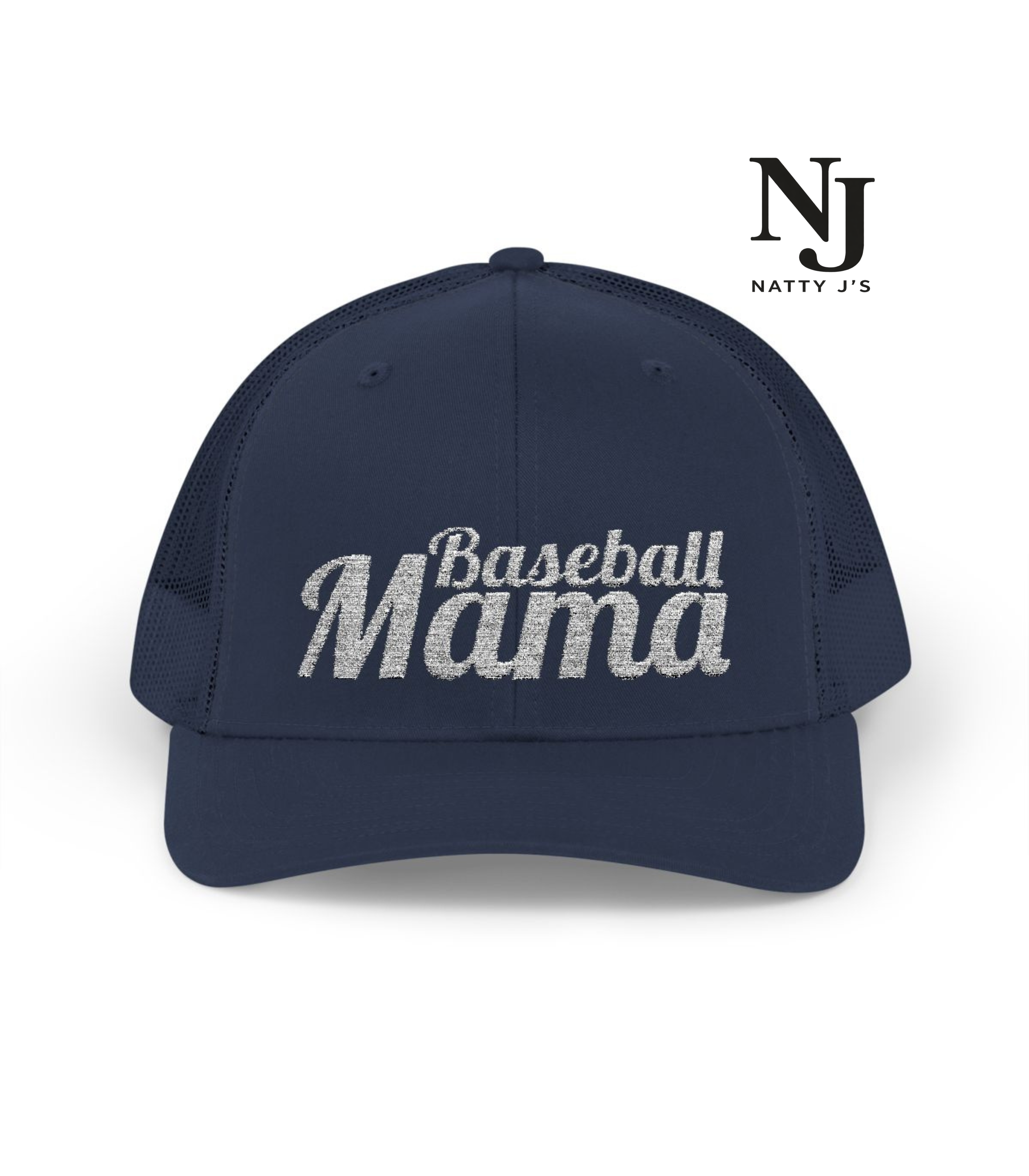 Navy blue cap with 'Baseball Mama' text on a white background, featuring the Natty J's logo.