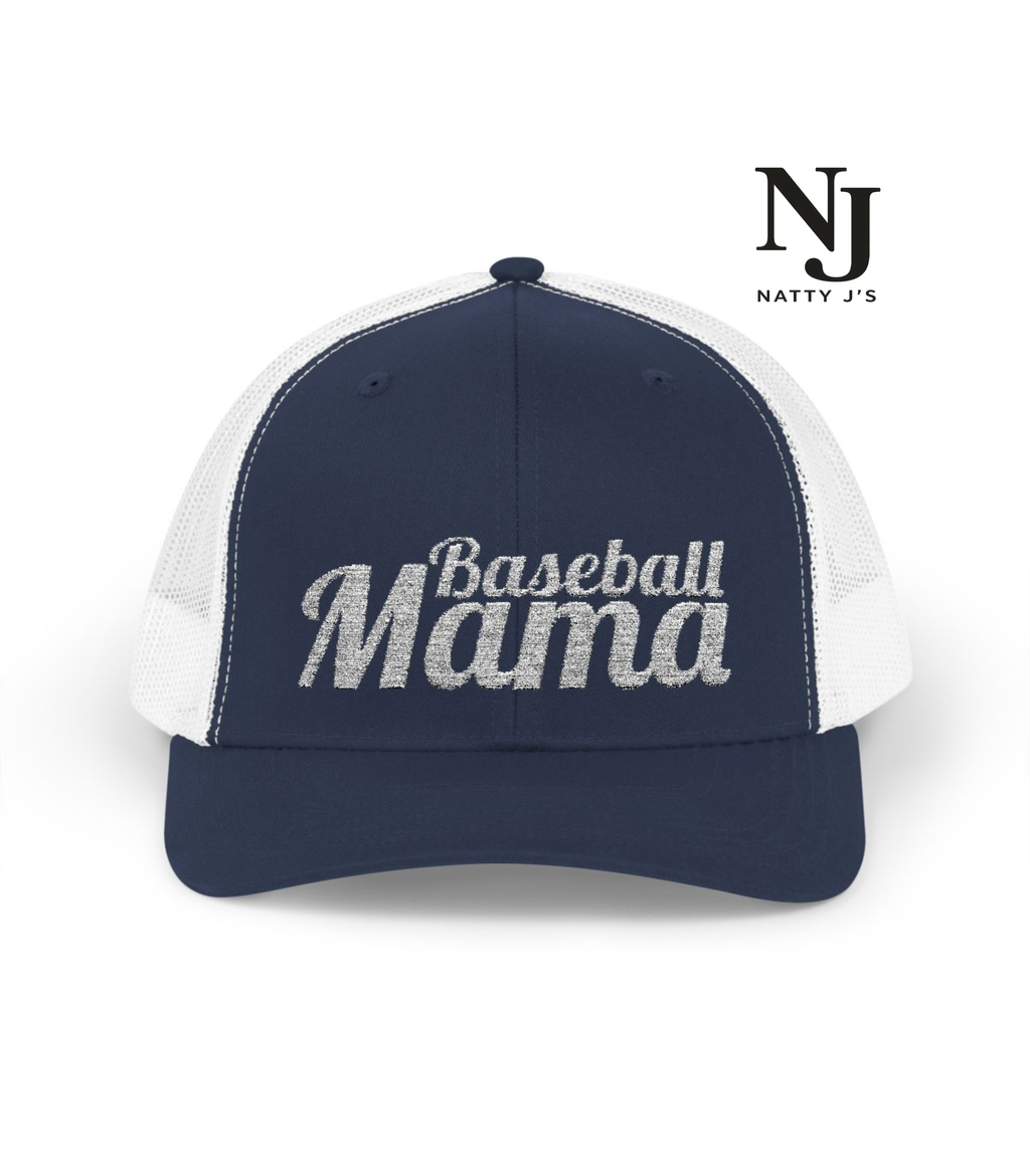 Navy and white cap with 'Baseball Mama' text on a white background, featuring the Natty J's logo.
