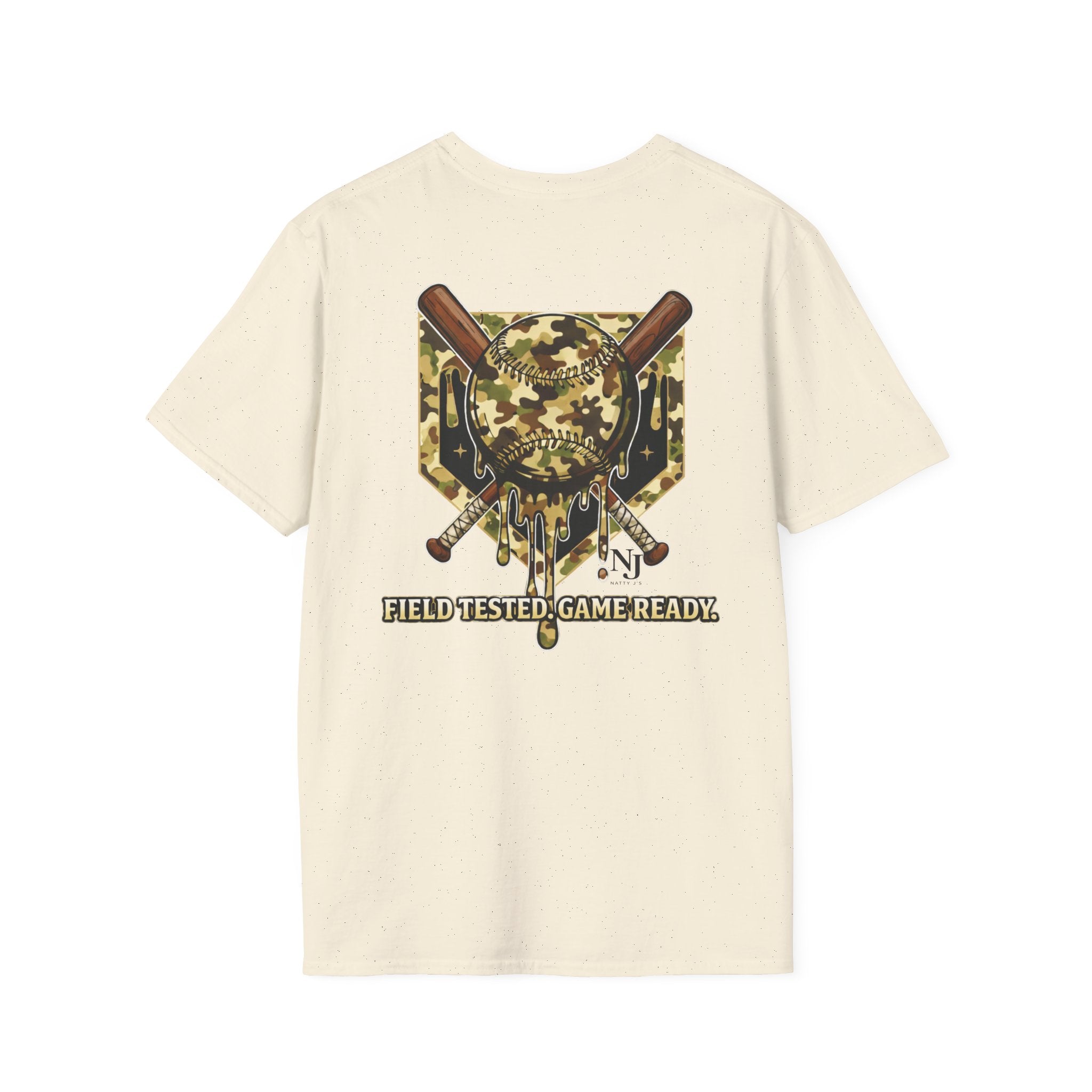 Beige t-shirt with a camo baseball graphic design on the back featuring  field tested game ready camouflage elements. Featuring "Natty J's Apparel' branding