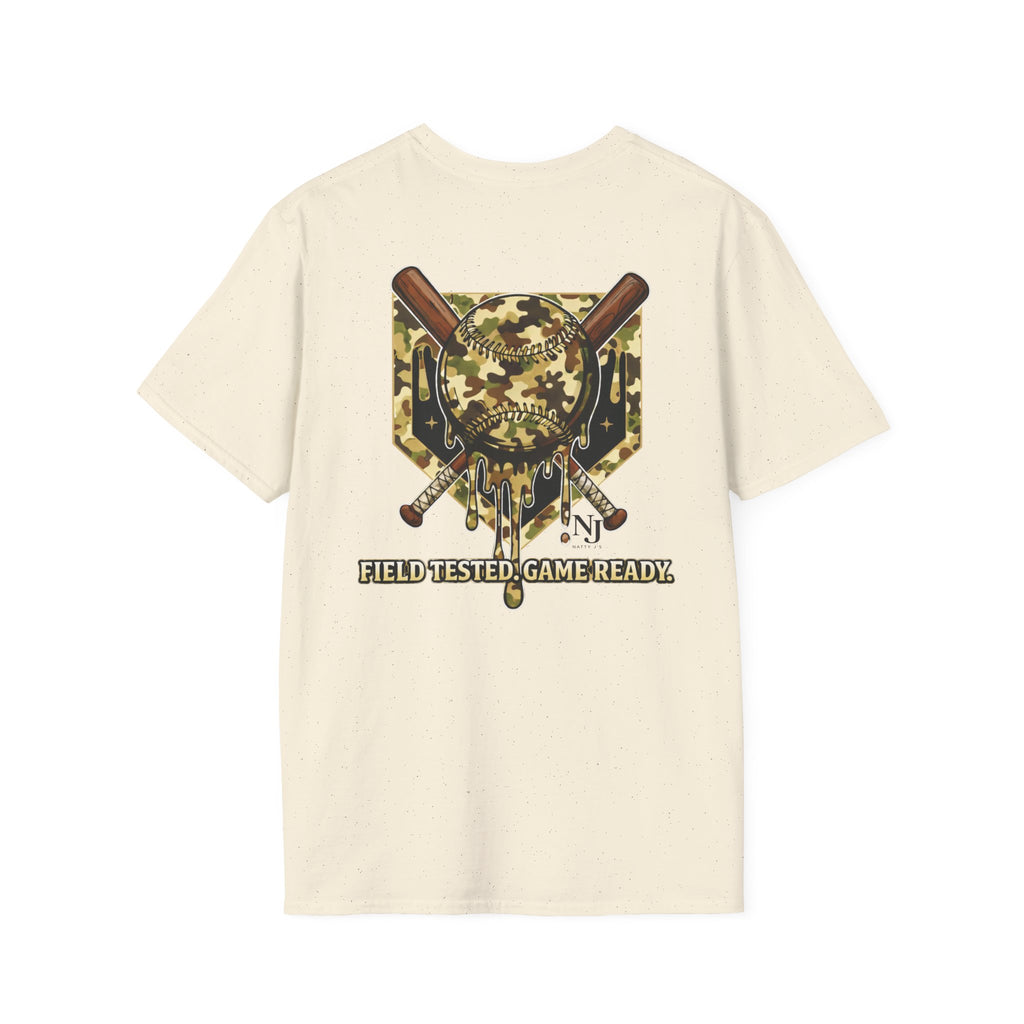 Beige t-shirt with a camo baseball graphic design on the back featuring  field tested game ready camouflage elements. Featuring "Natty J's Apparel' branding