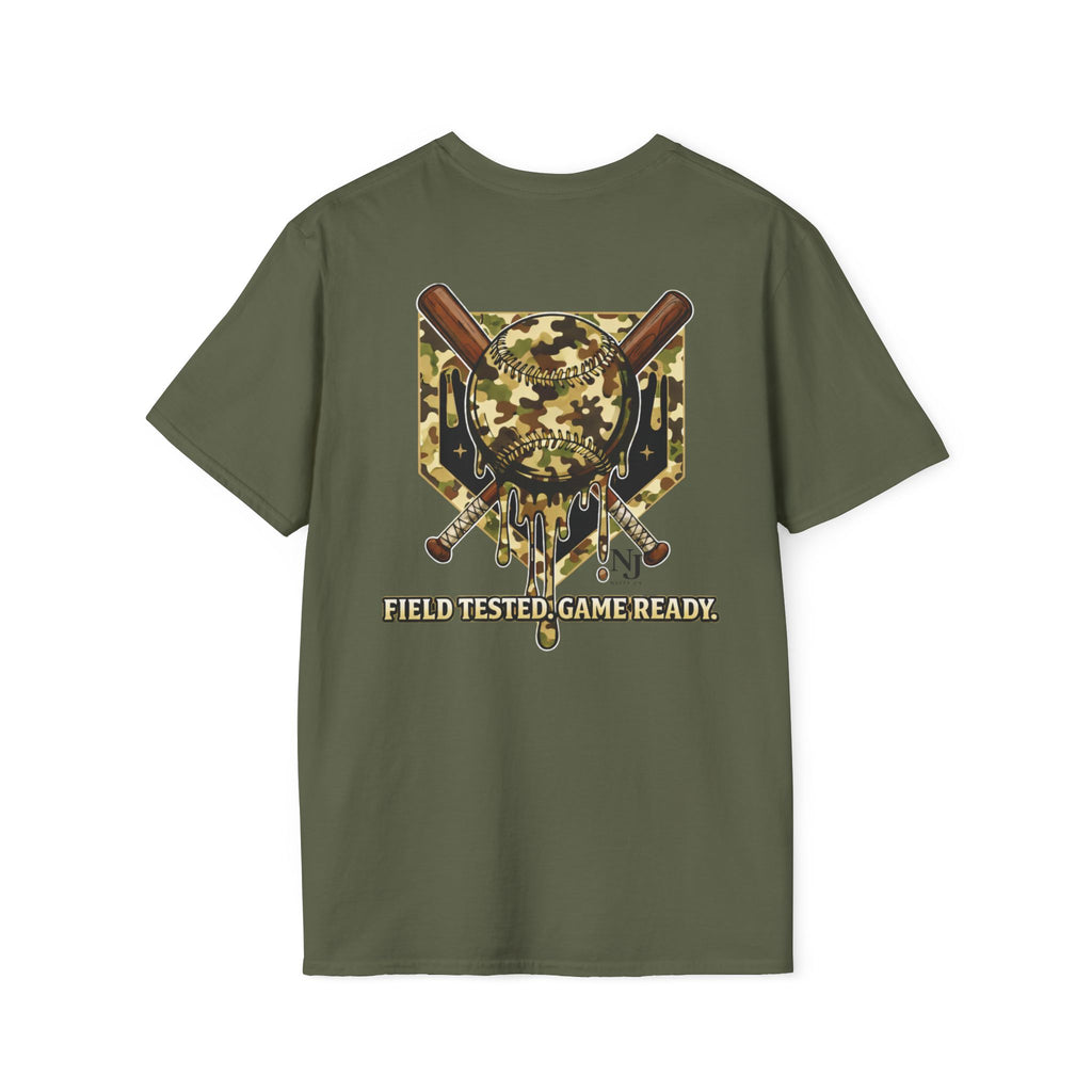 Green (Military Green) t-shirt with a camo baseball graphic design on the back