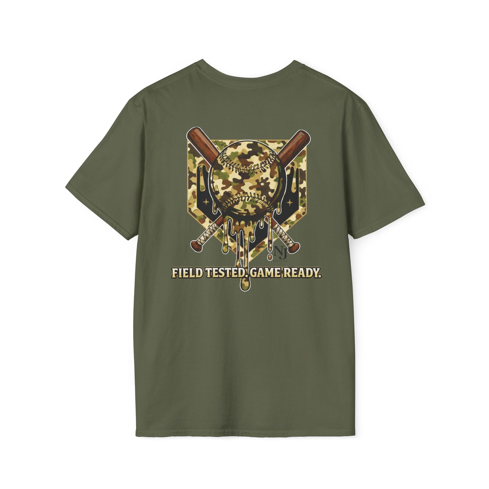 Green (Military Green) t-shirt with a camo baseball graphic design on the back