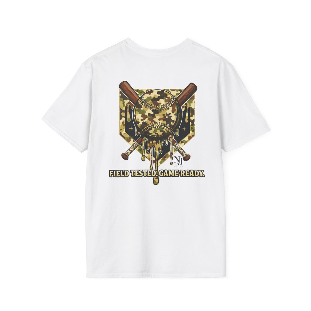 White t-shirt with a camouflage baseball graphic and field tested game ready text featuring 'Natty J's Apparel' Branding