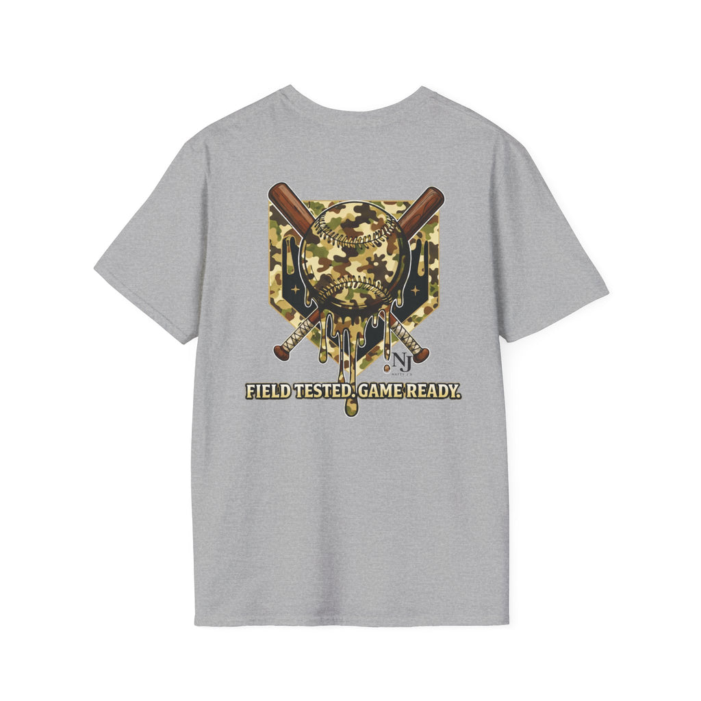 Gray t-shirt with a camouflage graphic and text on the back featuring 'Natty J's Apparel' Branding