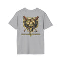 Gray t-shirt with a camouflage graphic and text on the back featuring 'Natty J's Apparel' Branding