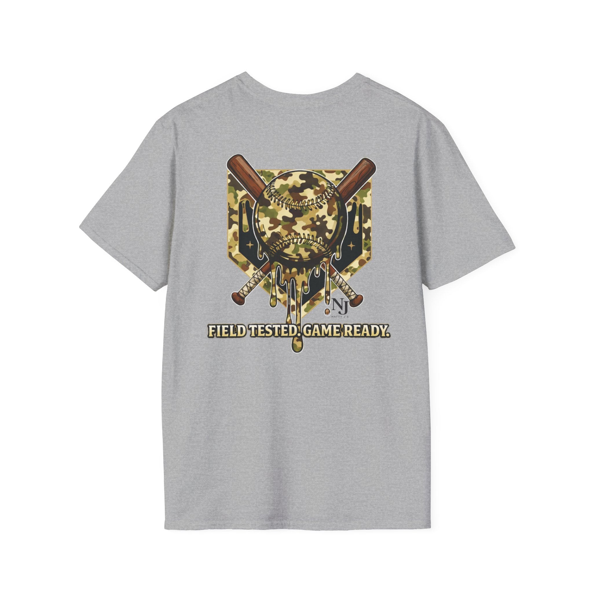 Gray t-shirt with a camouflage graphic and text on the back featuring 'Natty J's Apparel' Branding