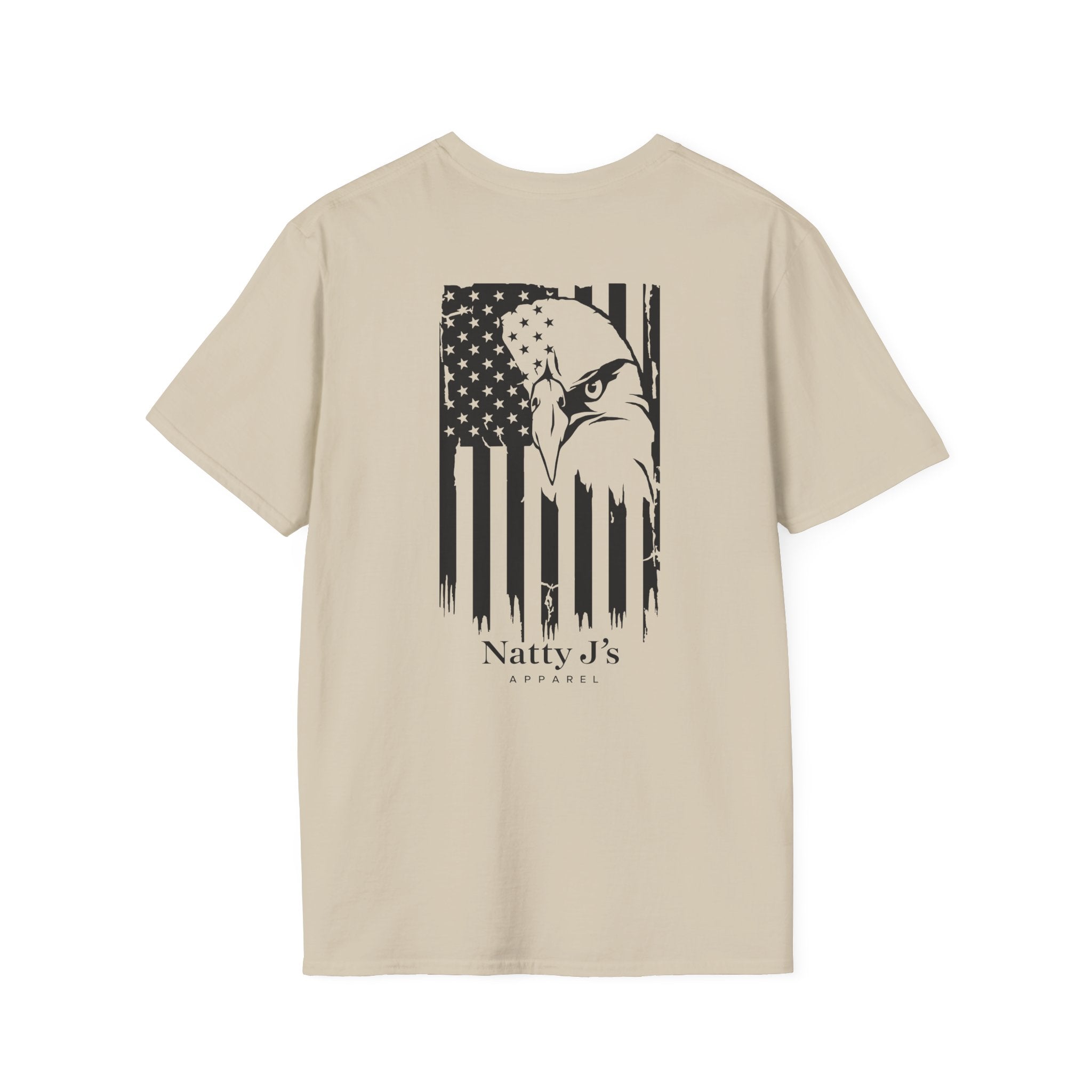 Beige t-shirt with American flag and eagle design on the back, branded 'Natty J's Apparel'.