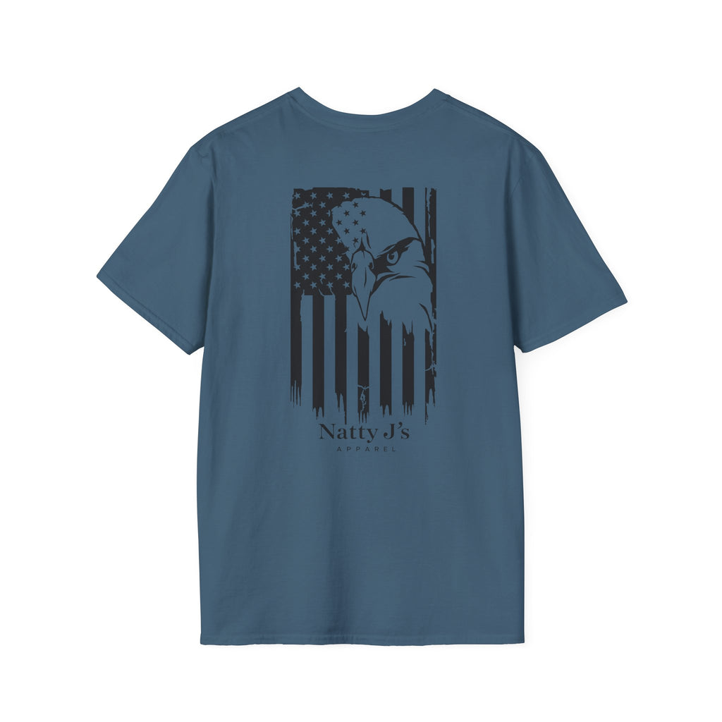 Blue t-shirt with an eagle and American flag design on the back featuring NattyJ's Apparel.