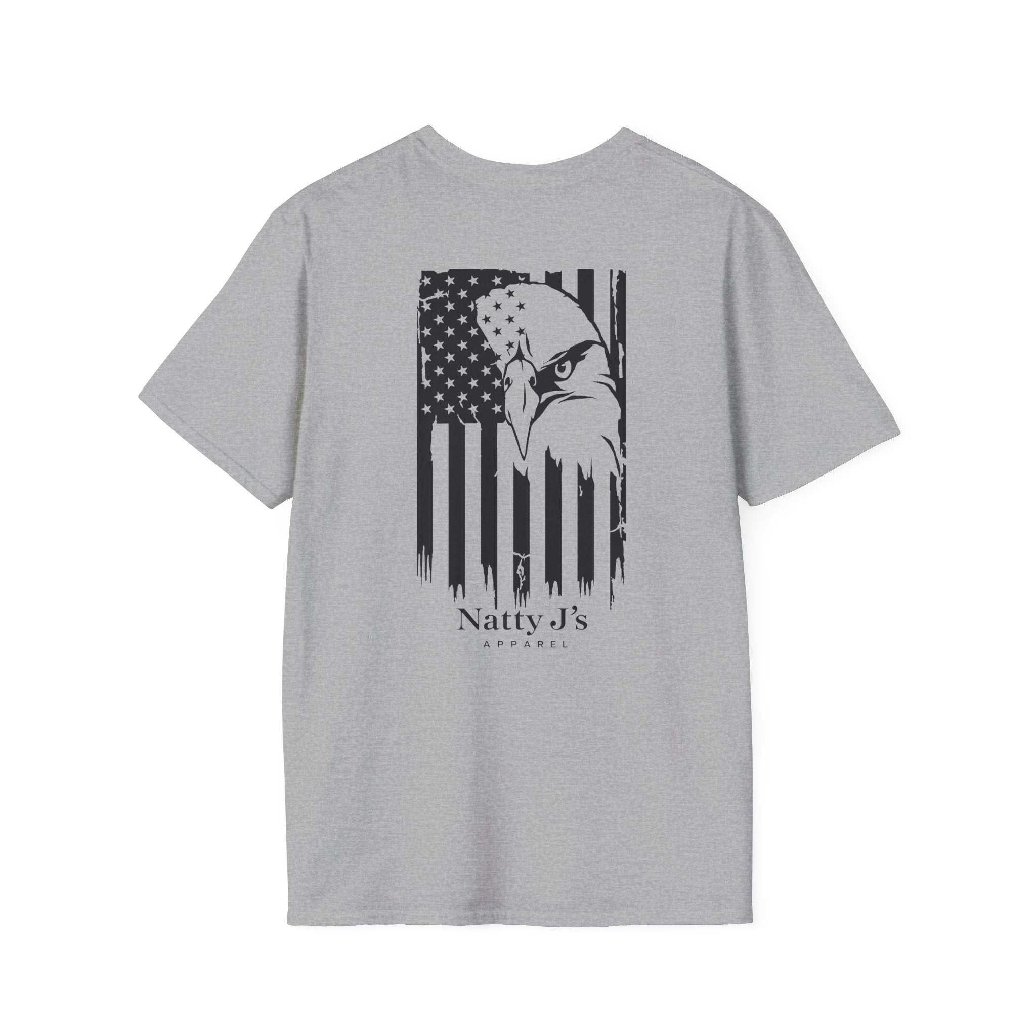 Gray t-shirt with American flag and eagle graphic with 'NattyJ's Apparel' branding