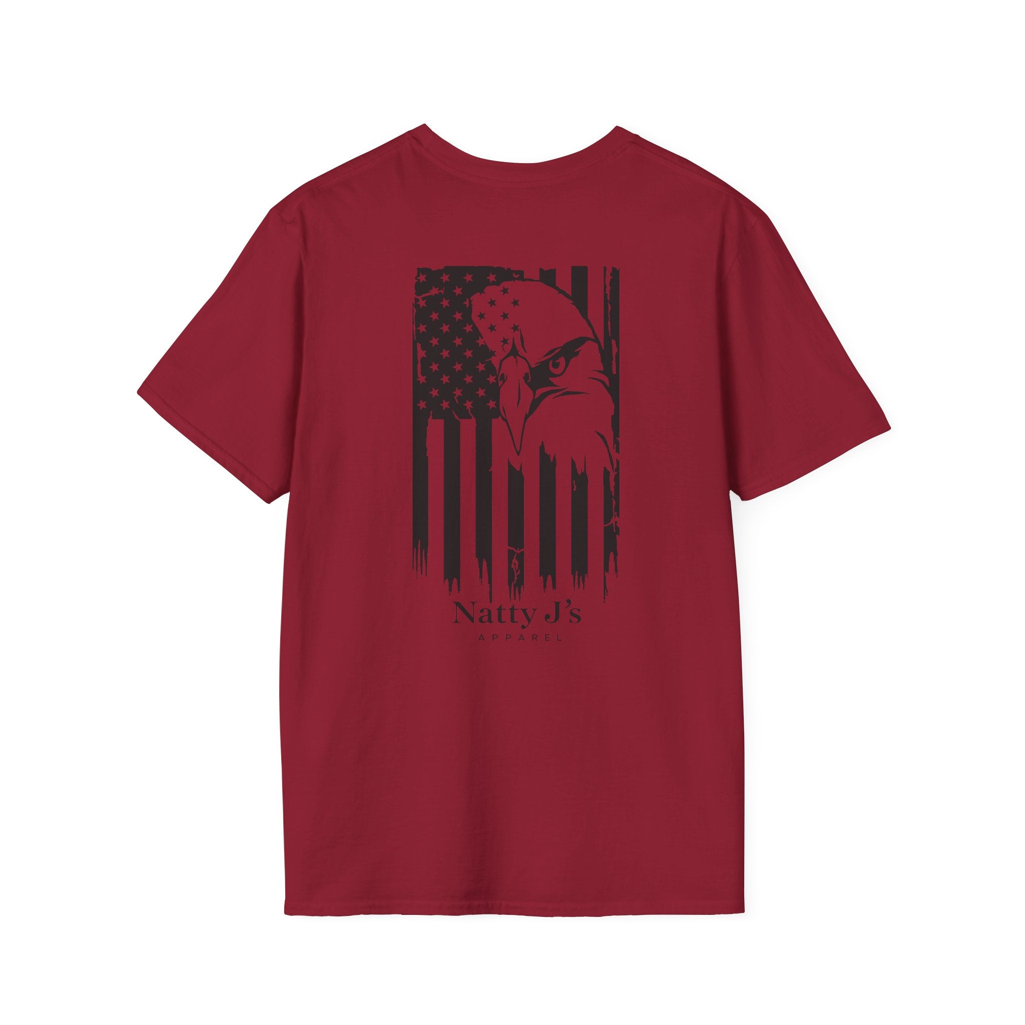 Red t-shirt with black eagle and flag design featuring 'NattyJ's Apparel' Branding