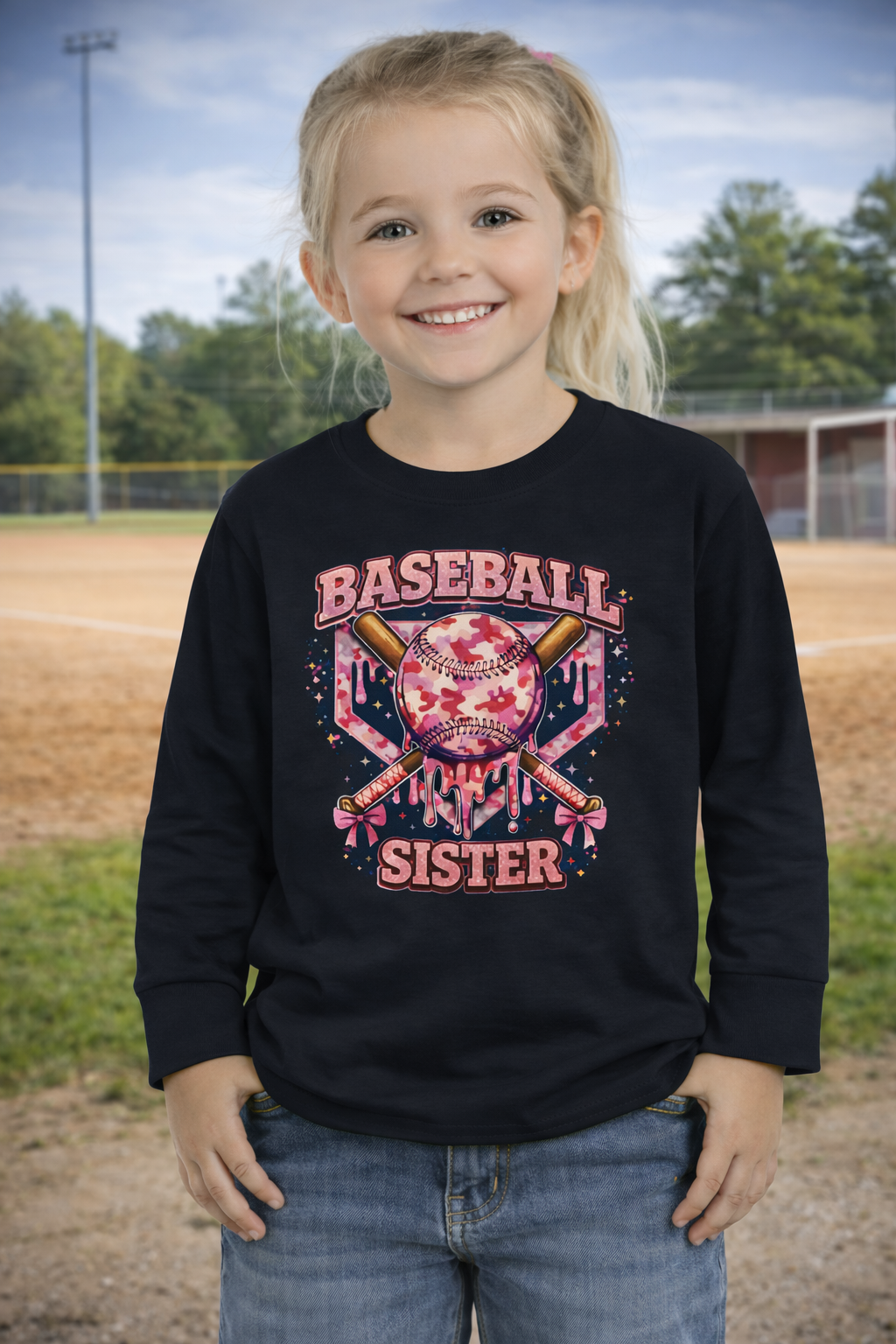 Young girl wearing a black sweatshirt with 'Baseball Sister' design on a baseball field.