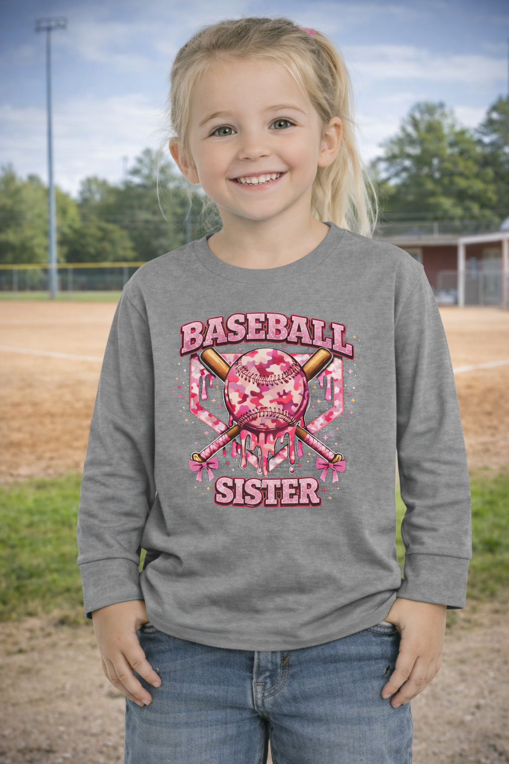 Young girl wearing a gray sweatshirt with pink camouflage baseball sister design on a baseball field.